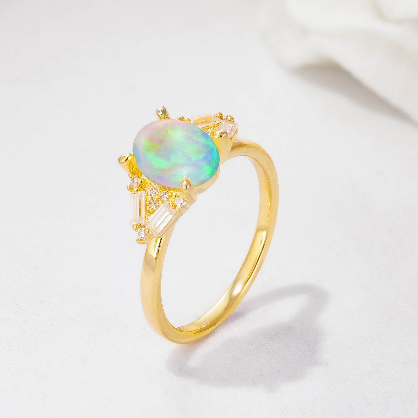 Classic Oval Cut Baguette Side Cluster Fire Opal Engagement Ring - Additional view