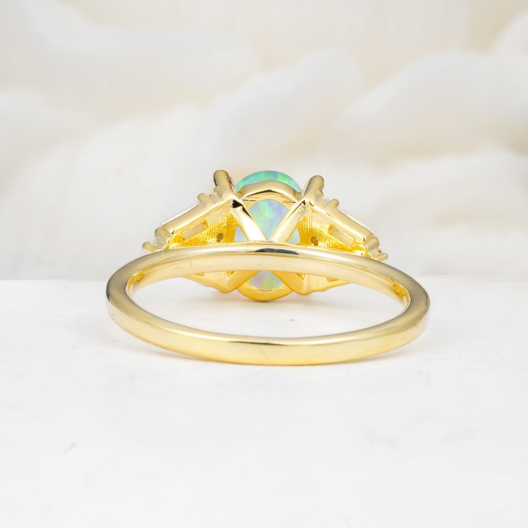 Classic Oval Cut Baguette Side Cluster Fire Opal Engagement Ring - Additional view