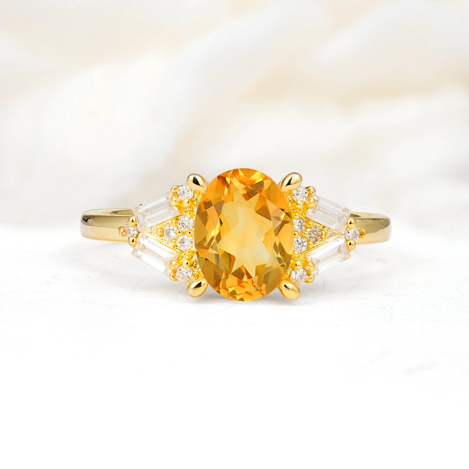 Classic Oval Cut Baguette Side Cluster Citrine Engagement Ring