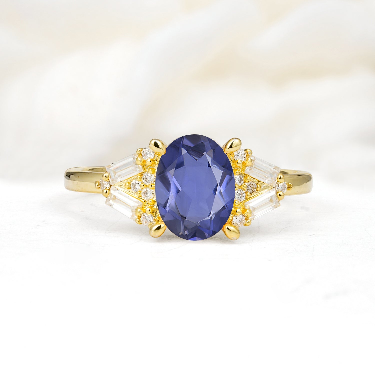 Classic Oval Cut Baguette Side Cluster Tanzanite Engagement Ring - Additional view