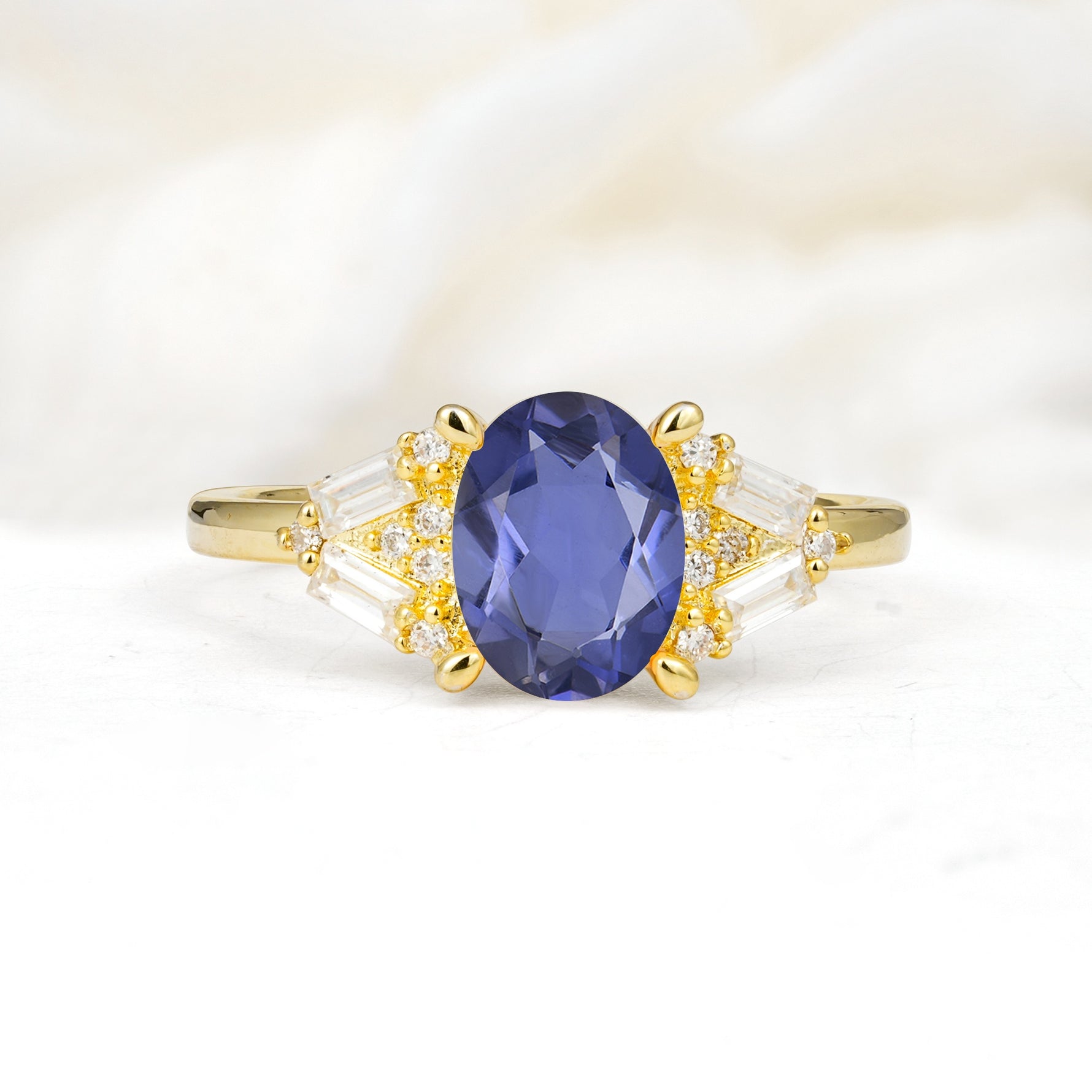 Classic Oval Cut Baguette Side Cluster Tanzanite Engagement Ring - Additional view