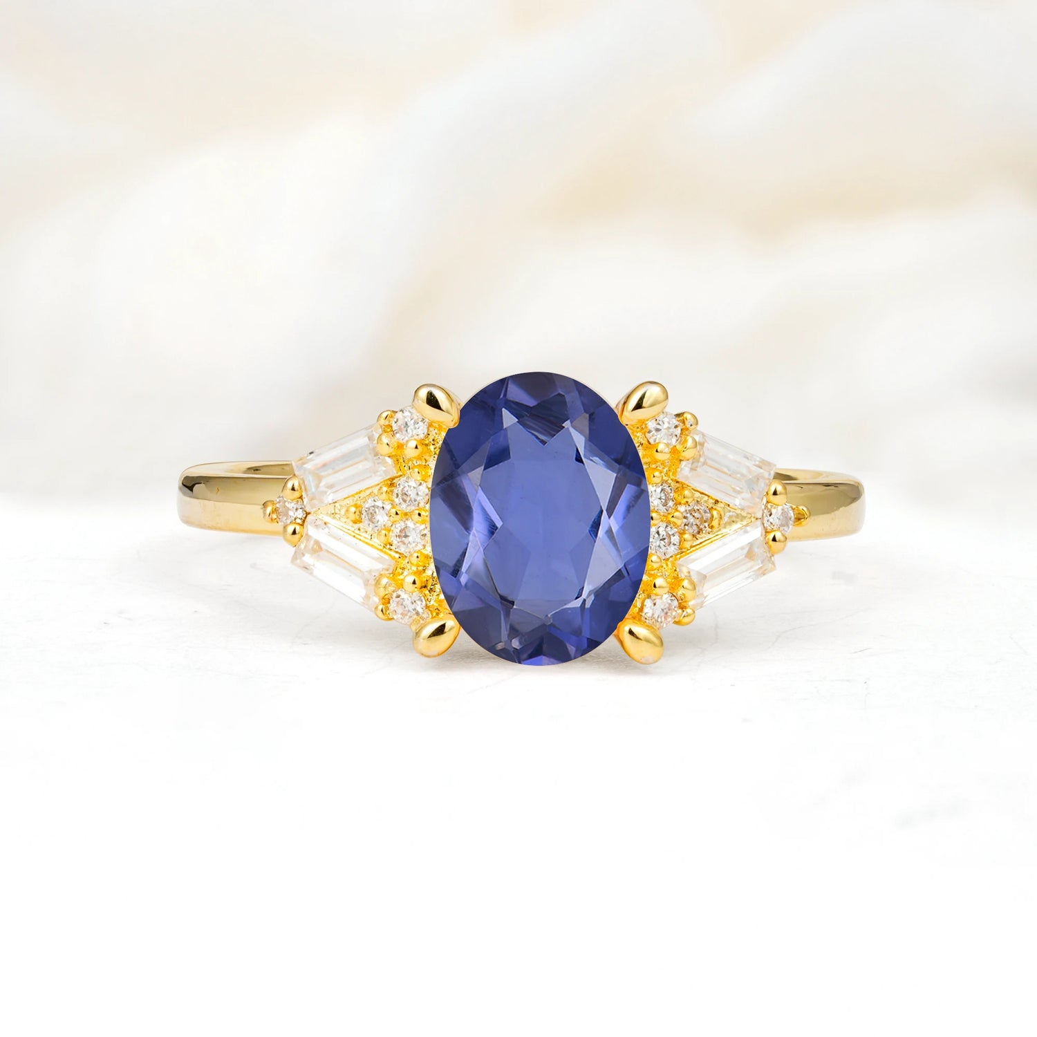 Classic Oval Cut Baguette Side Cluster Tanzanite Engagement Ring