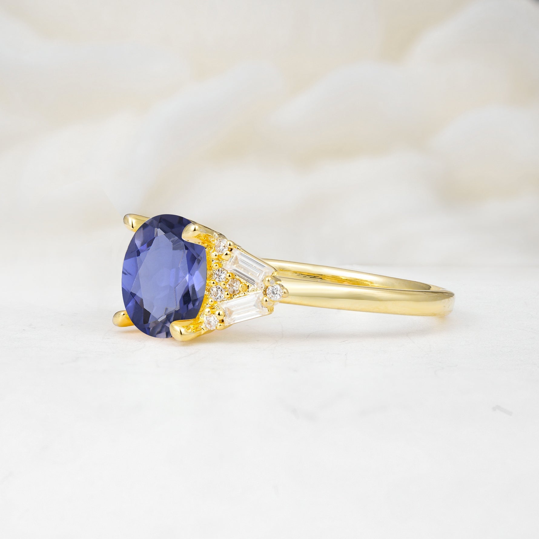 Classic Oval Cut Baguette Side Cluster Tanzanite Engagement Ring - Additional view