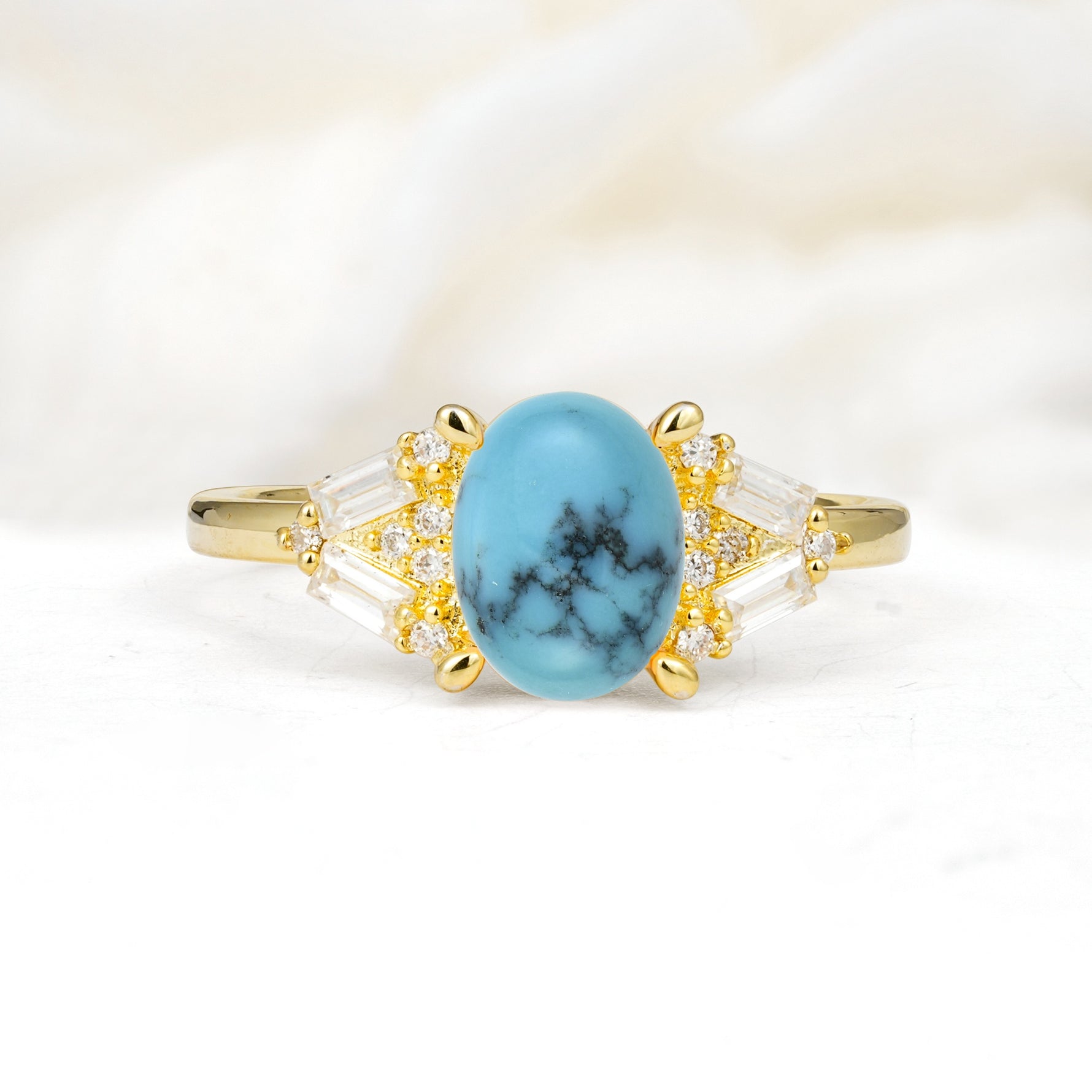 Classic Oval Cut Baguette Side Cluster Turquoise Engagement Ring - Additional view