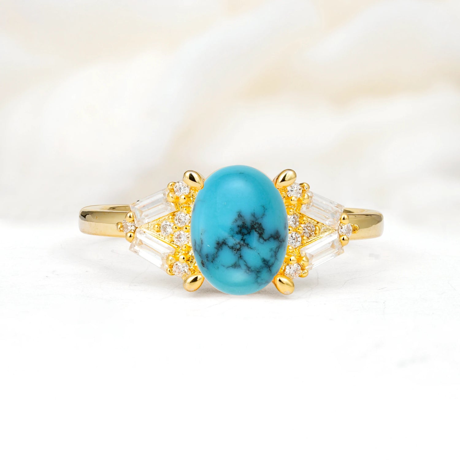 Classic Oval Cut Baguette Side Cluster Turquoise Engagement Ring