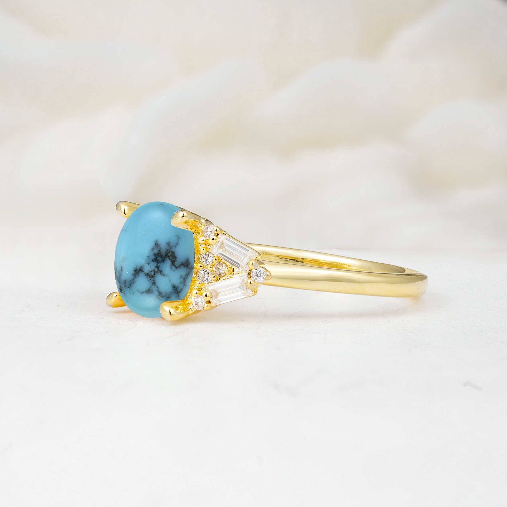 Classic Oval Cut Baguette Side Cluster Turquoise Engagement Ring - Additional view