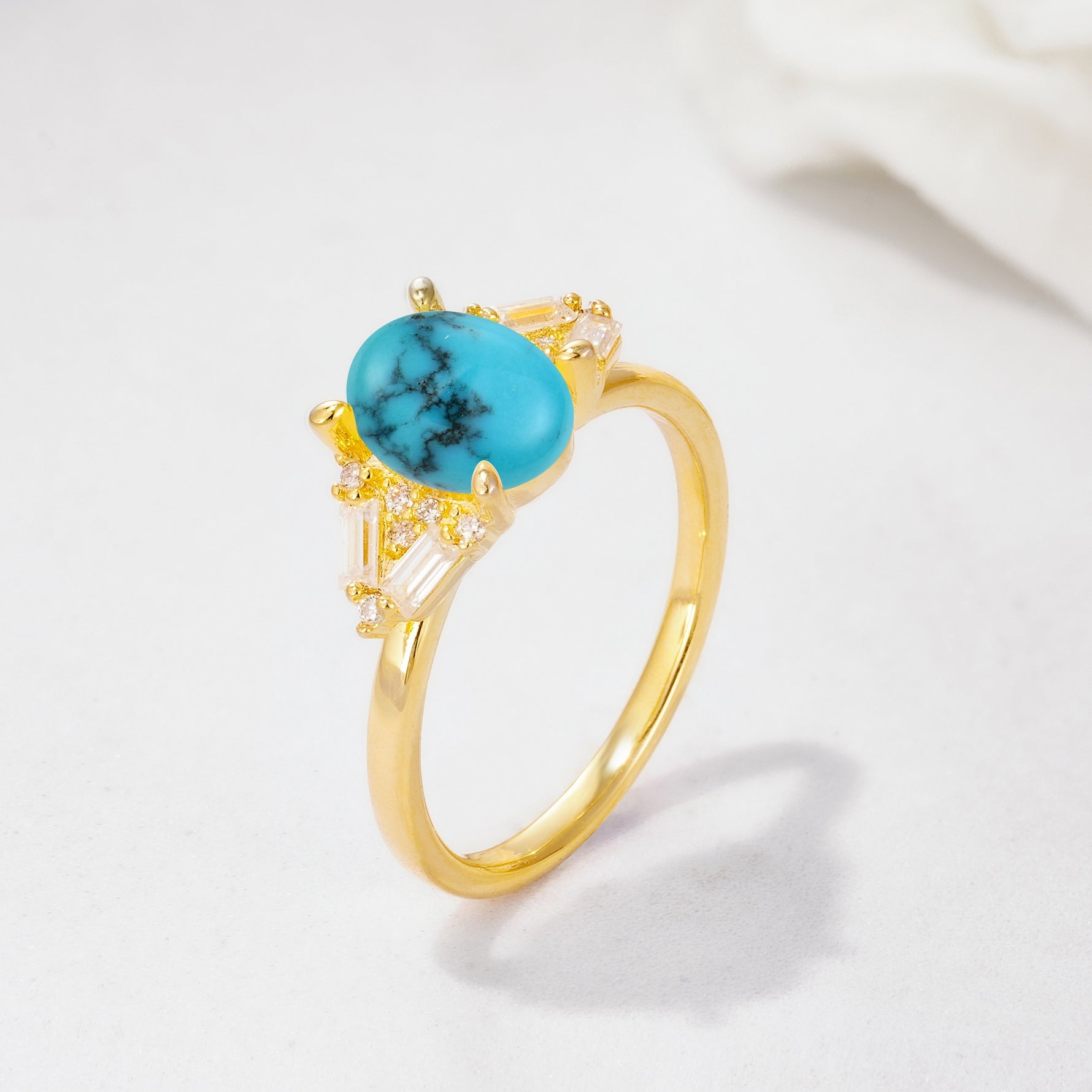 Classic Oval Cut Baguette Side Cluster Turquoise Engagement Ring - Additional view