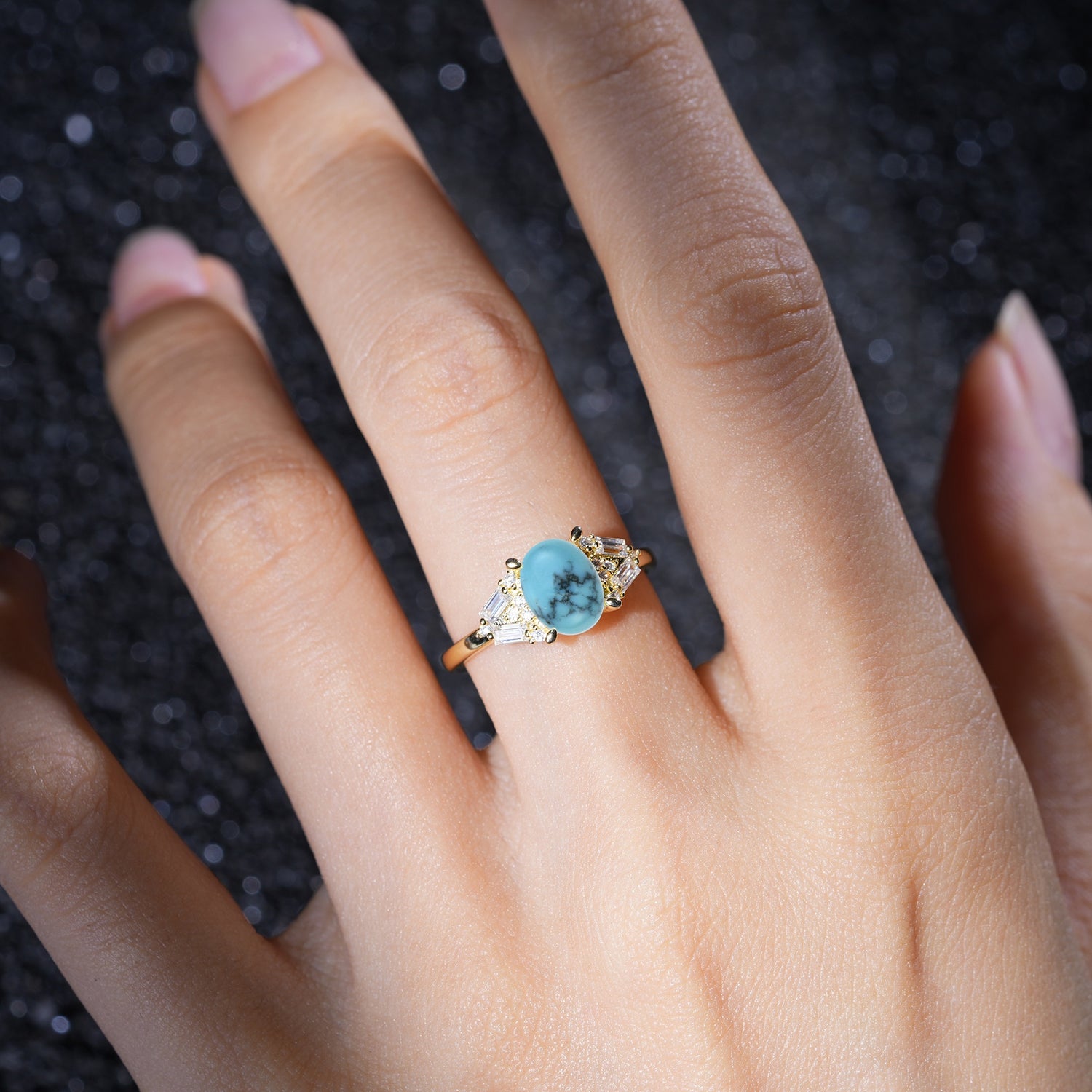 Classic Oval Cut Baguette Side Cluster Turquoise Engagement Ring - Additional view