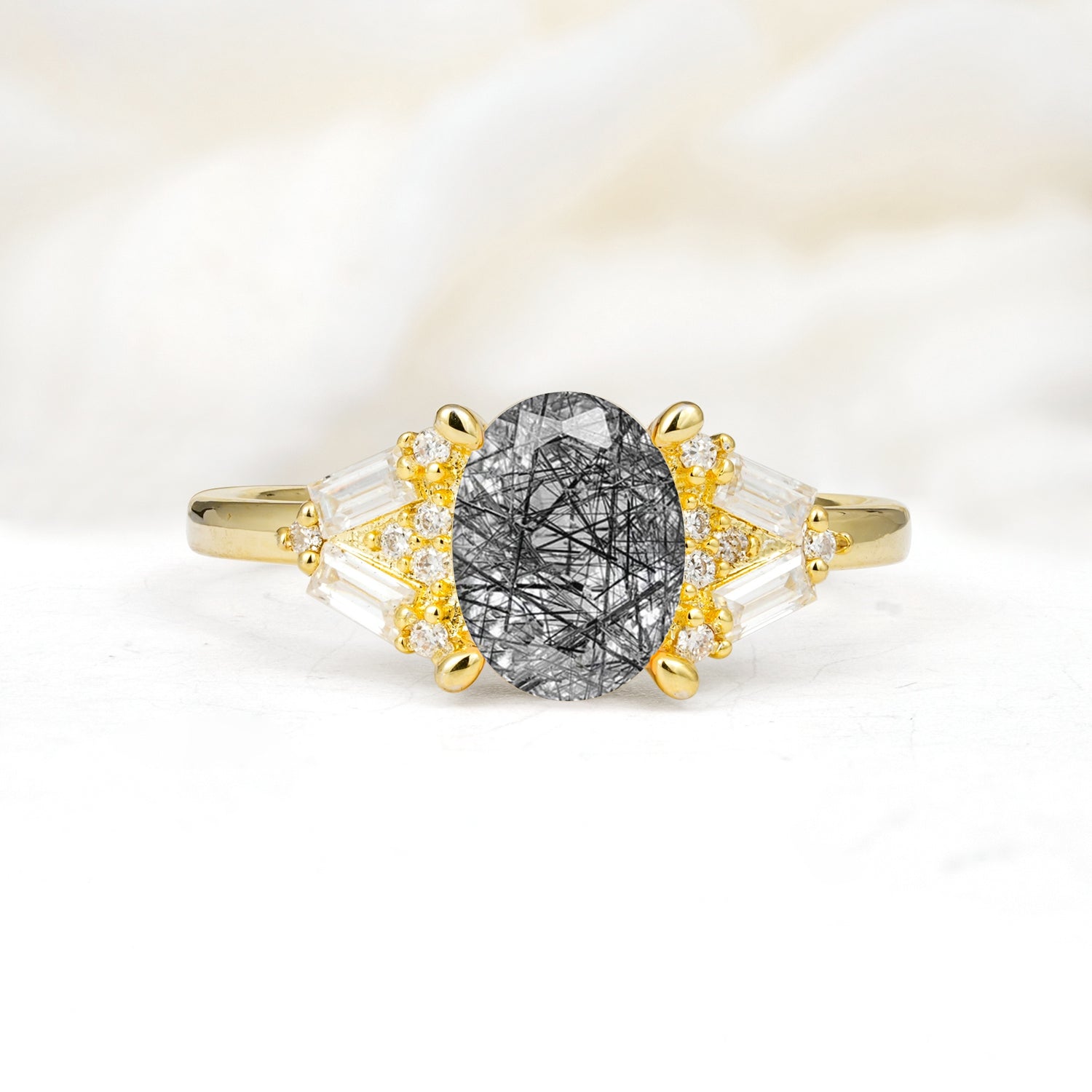 Classic Oval Cut Baguette Side Cluster Black Rutilated Quartz Engagement Ring - Additional view