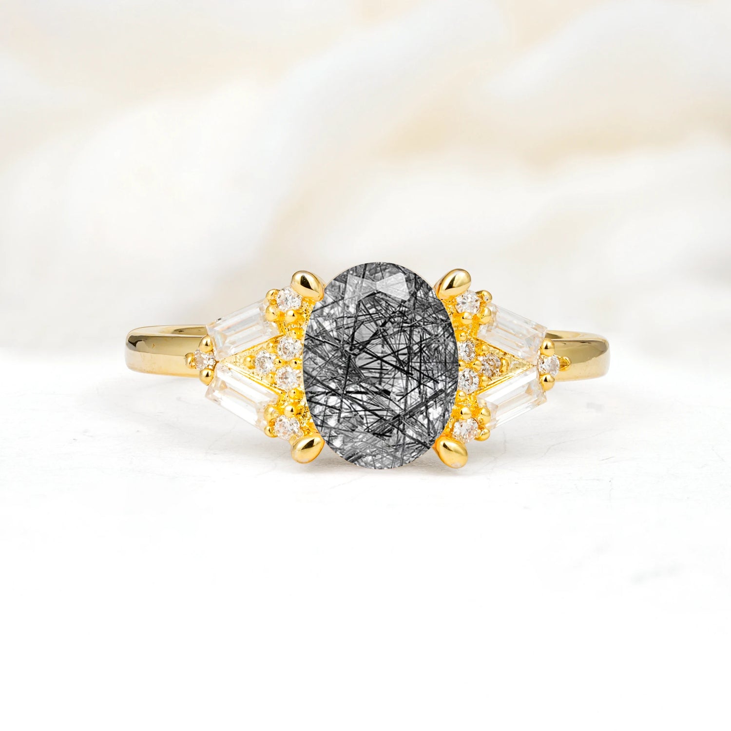 Classic Oval Cut Baguette Side Cluster Black Rutilated Quartz Engagement Ring