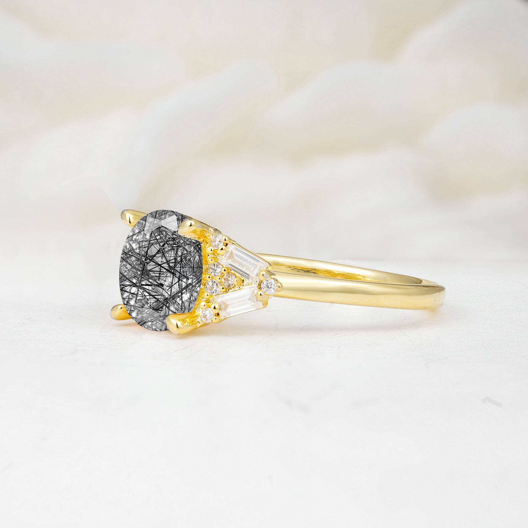 Classic Oval Cut Baguette Side Cluster Black Rutilated Quartz Engagement Ring - Additional view