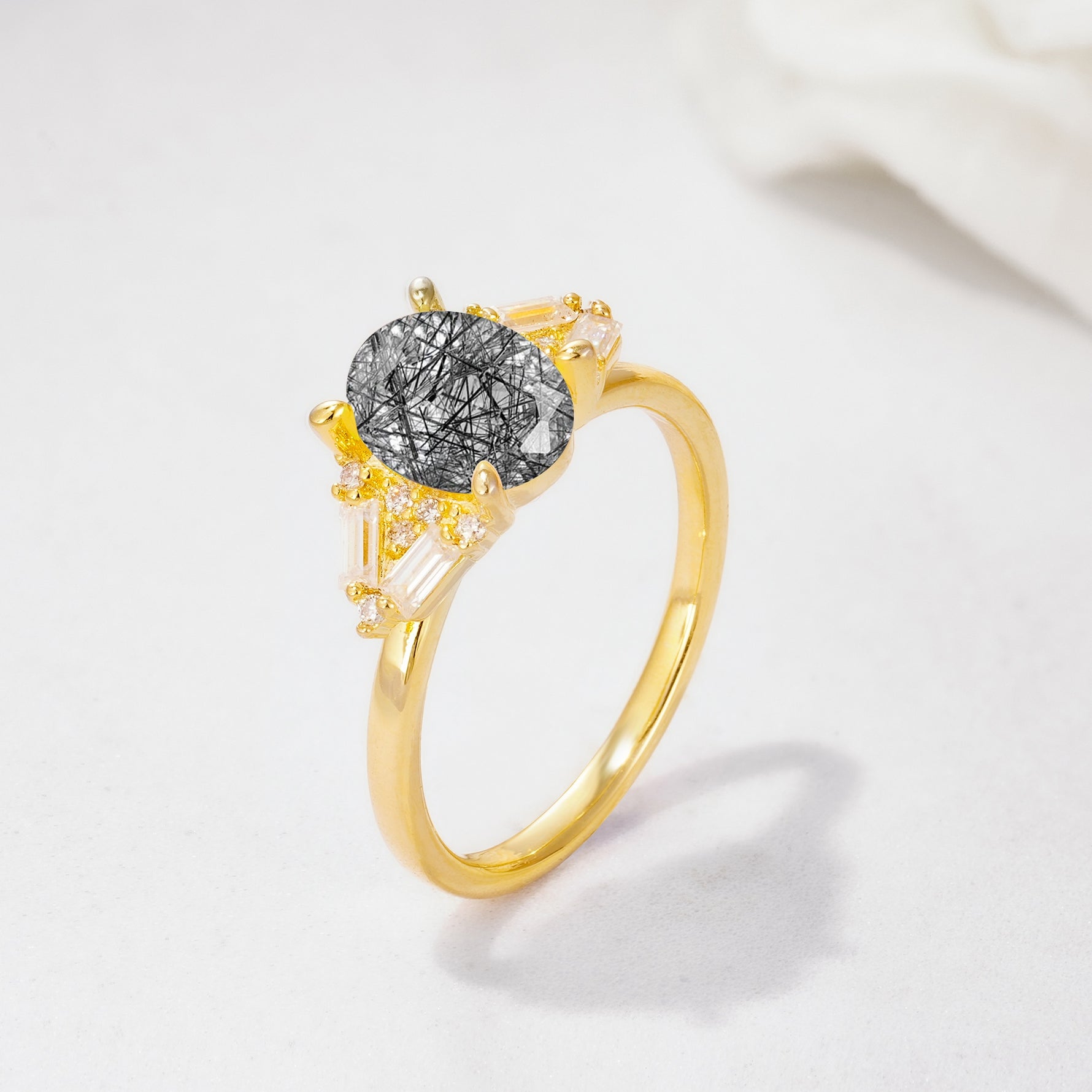 Classic Oval Cut Baguette Side Cluster Black Rutilated Quartz Engagement Ring - Additional view