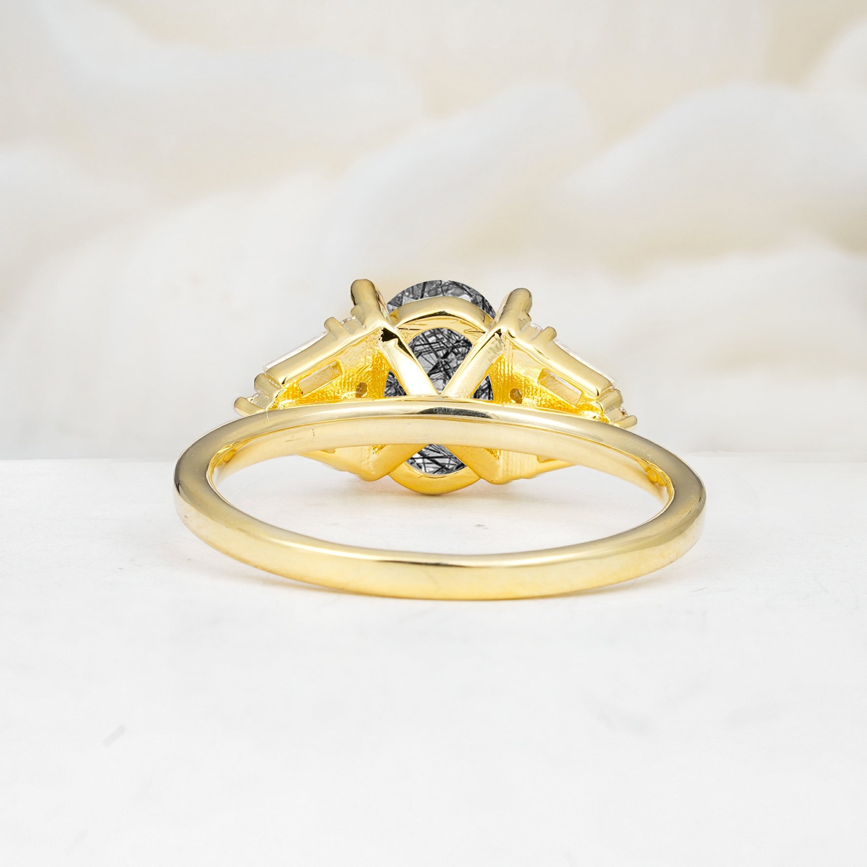 Classic Oval Cut Baguette Side Cluster Black Rutilated Quartz Engagement Ring - Additional view
