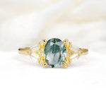 Classic Oval Cut Baguette Side Cluster Moss Agate Engagement Ring - Additional view