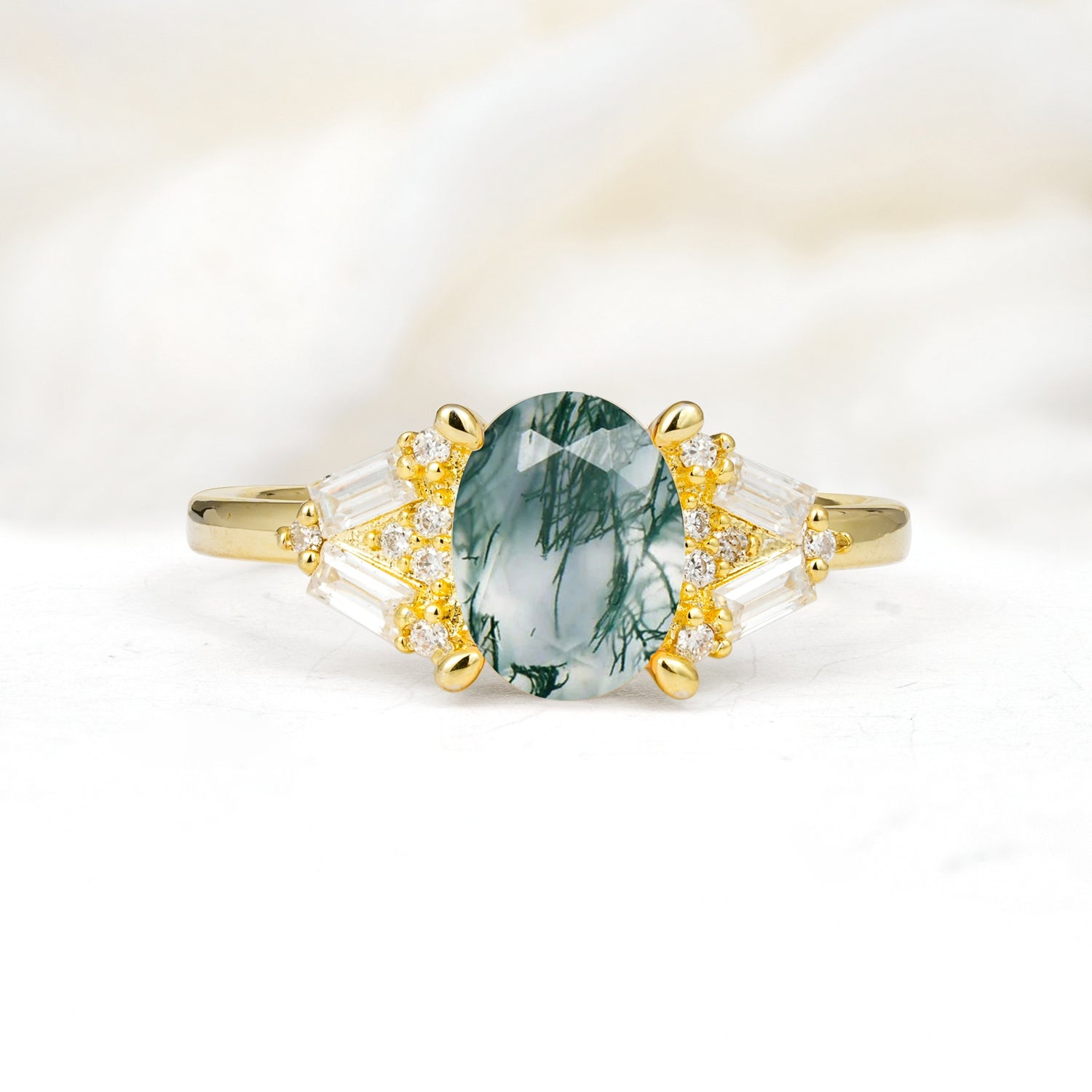 Classic Oval Cut Baguette Side Cluster Moss Agate Engagement Ring - Additional view