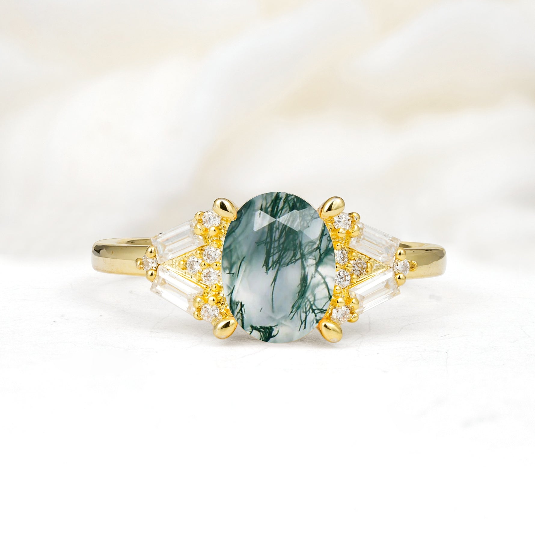 Classic Oval Cut Baguette Side Cluster Moss Agate Engagement Ring - Additional view