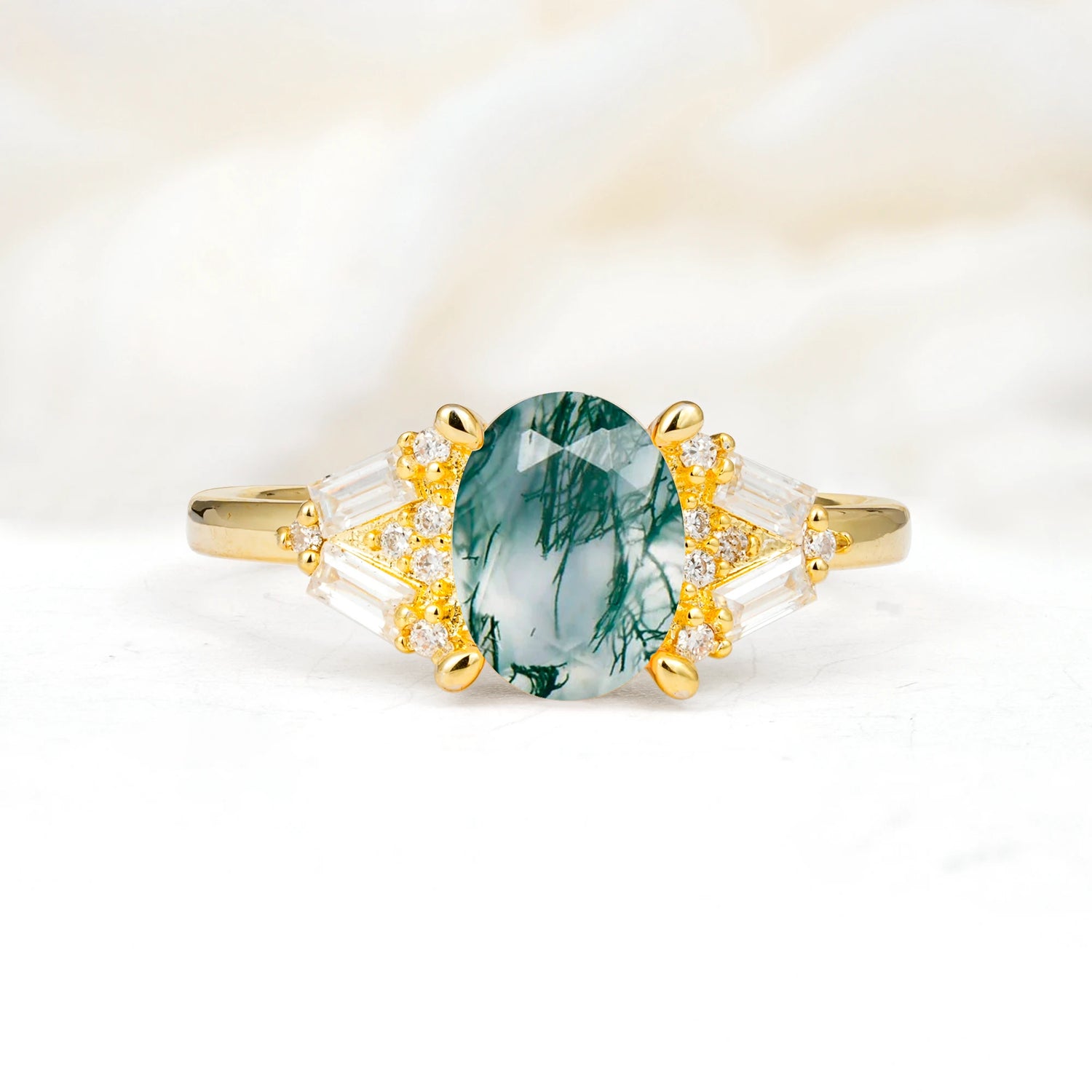 Classic Oval Cut Baguette Side Cluster Moss Agate Engagement Ring