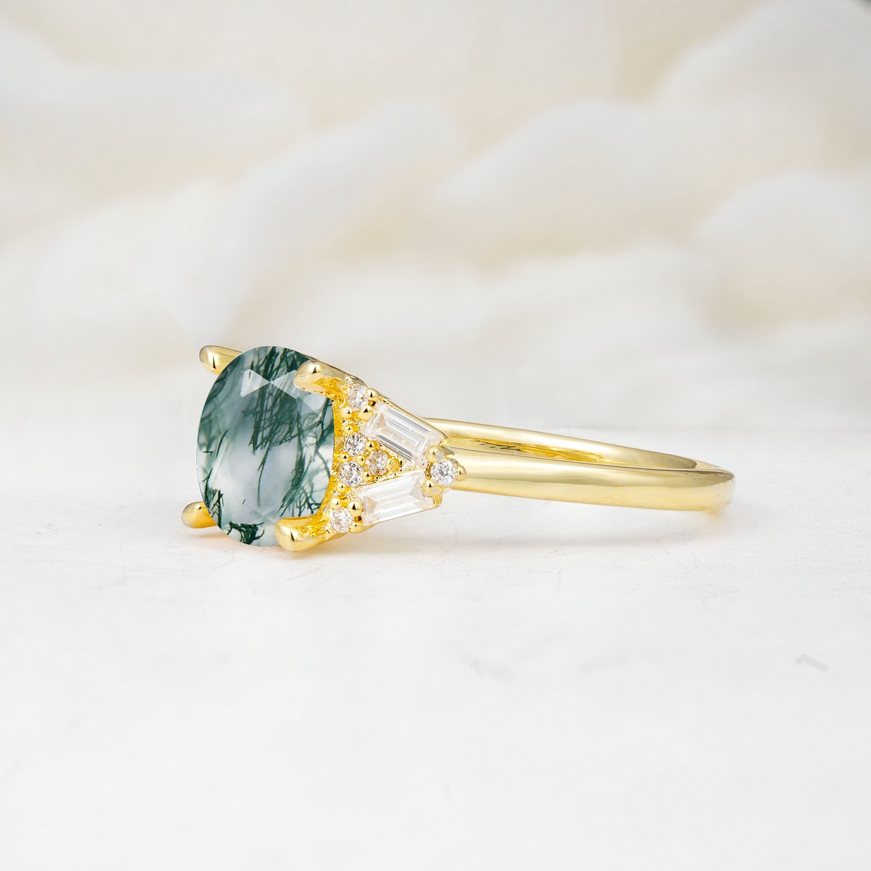 Classic Oval Cut Baguette Side Cluster Moss Agate Engagement Ring - Additional view