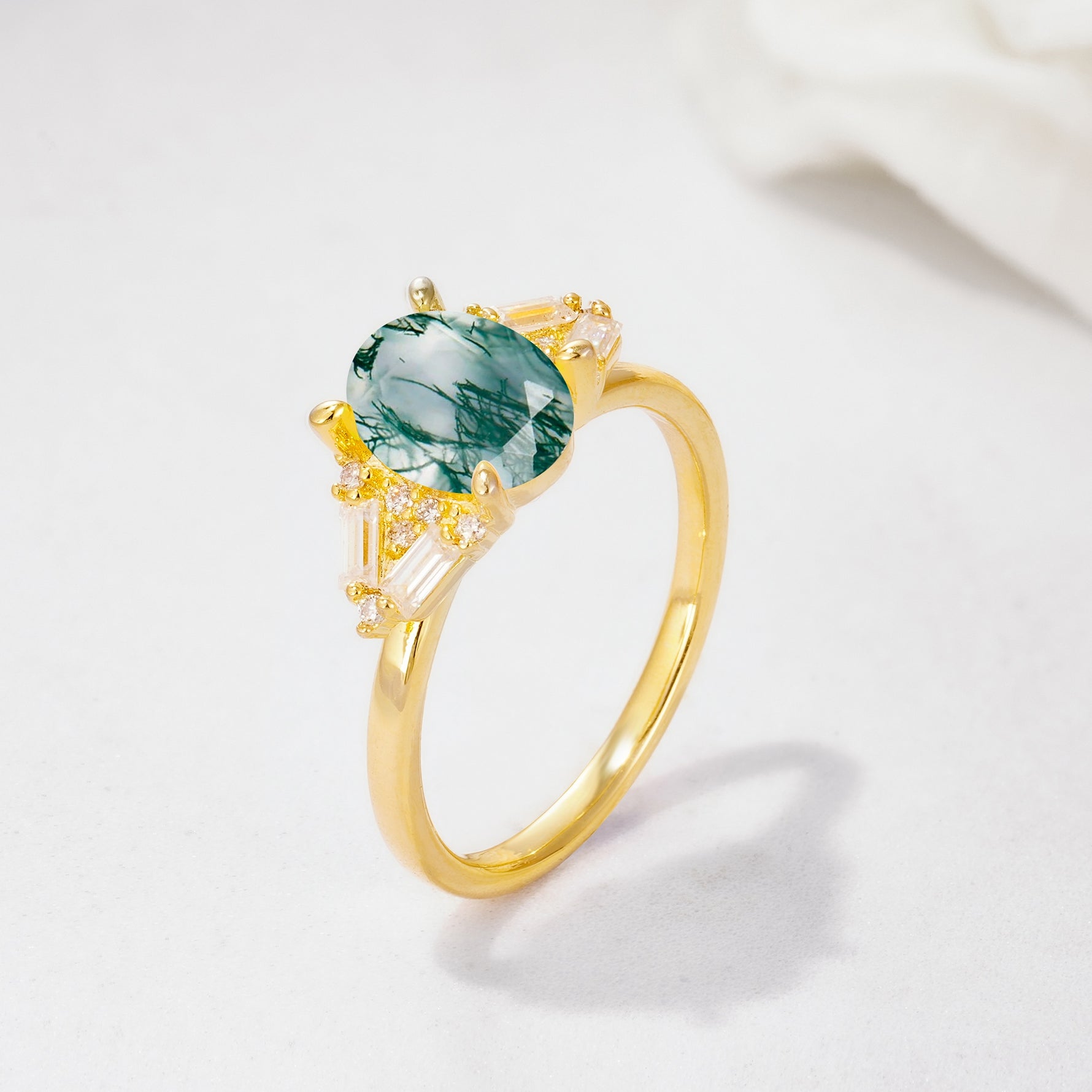 Classic Oval Cut Baguette Side Cluster Moss Agate Engagement Ring - Additional view
