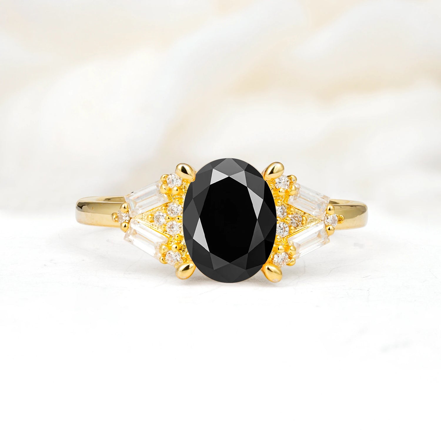 Classic Oval Cut Baguette Side Cluster Black Onyx Engagement Ring