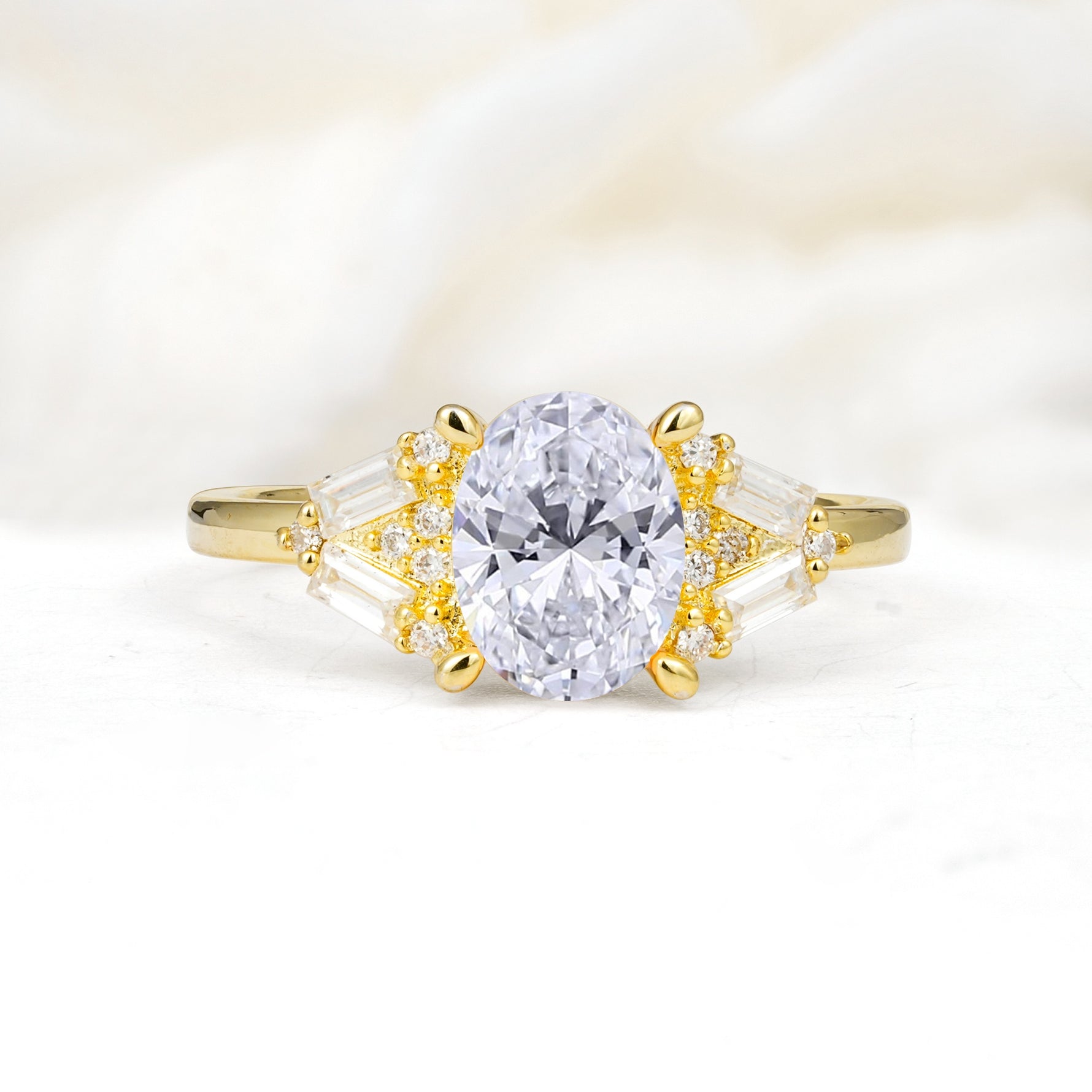 Classic Oval Cut Baguette Side Cluster Lab Diamond Engagement Ring - Additional view