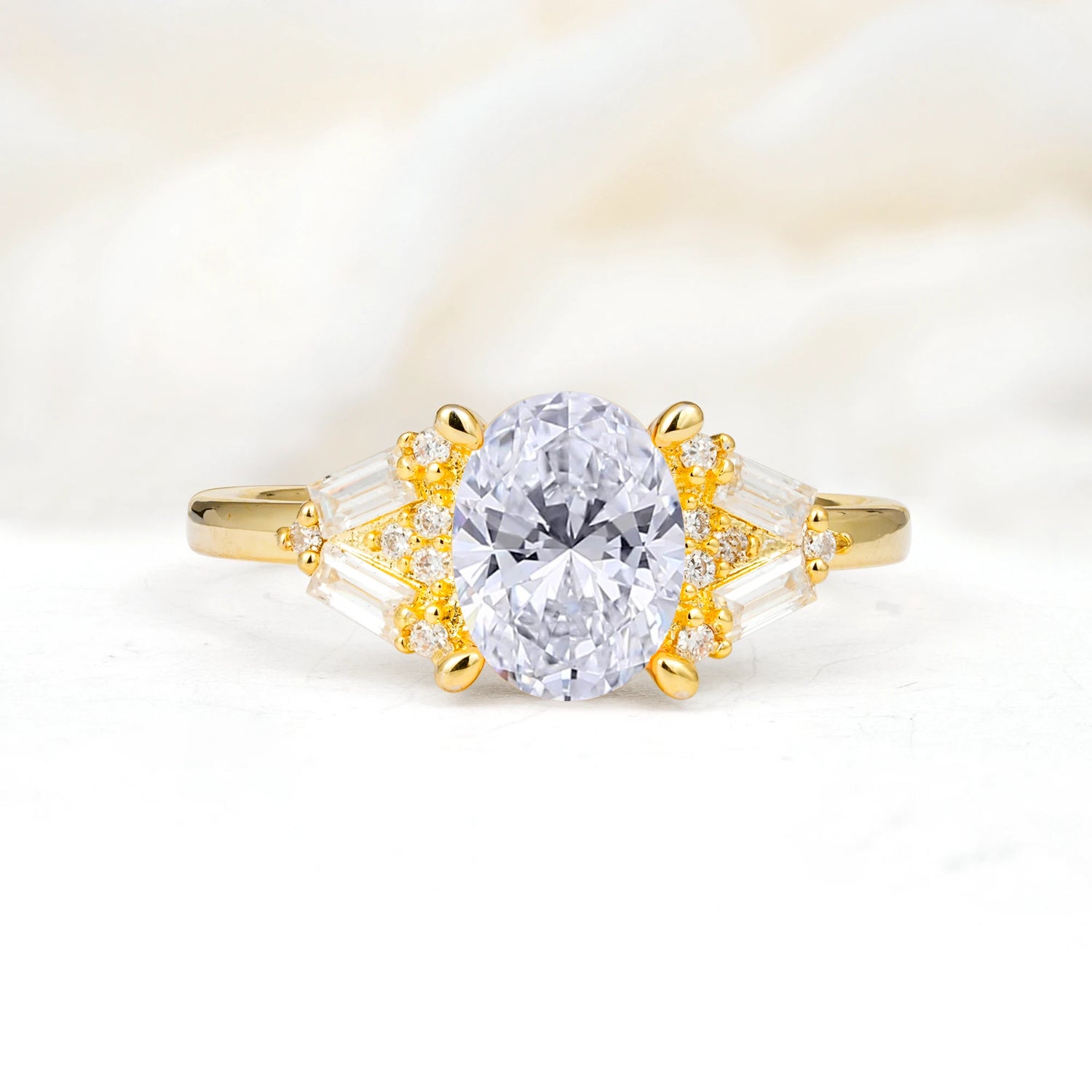 Classic Oval Cut Baguette Side Cluster Lab Diamond Engagement Ring