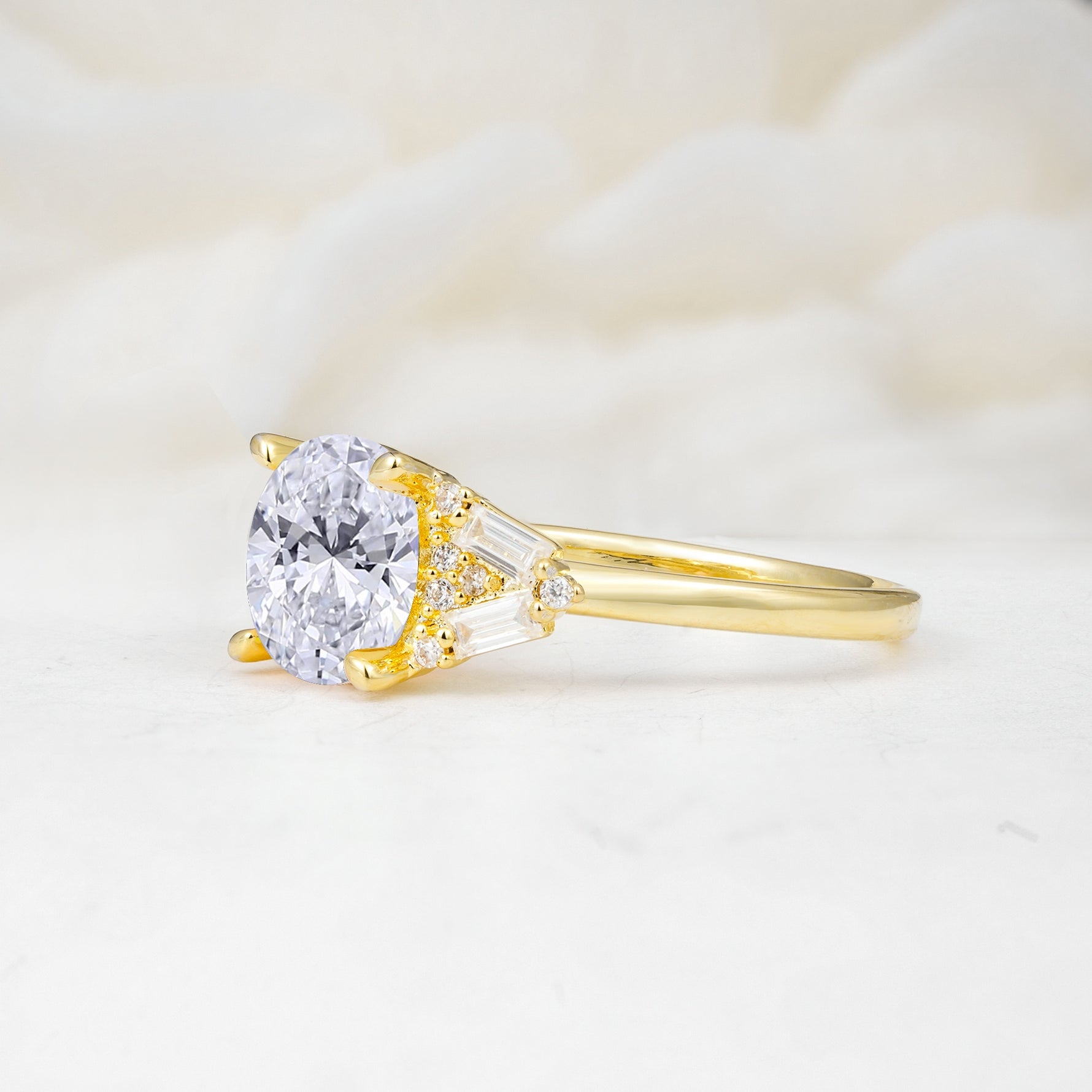 Classic Oval Cut Baguette Side Cluster Lab Diamond Engagement Ring - Additional view