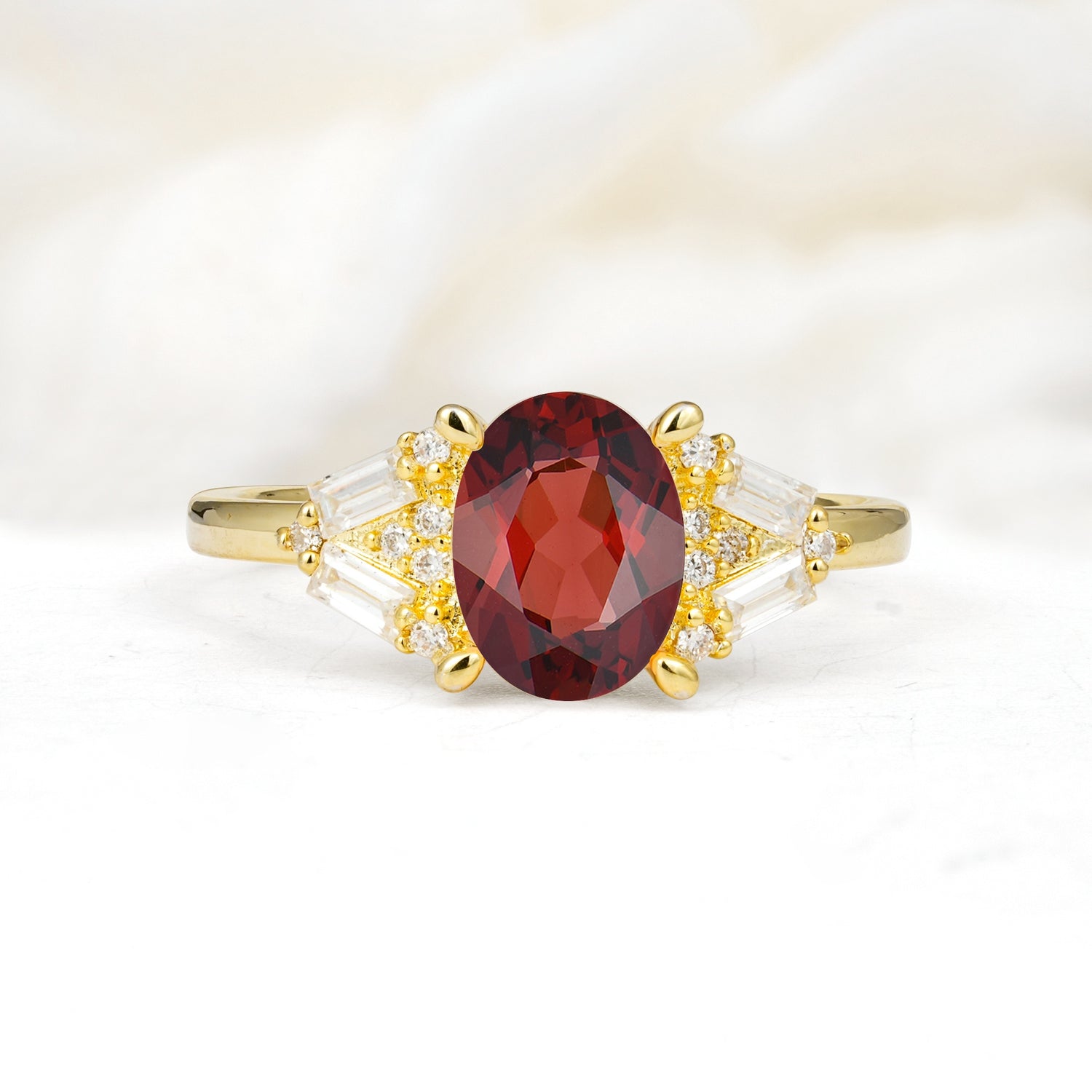 Classic Oval Cut Baguette Side Cluster Garnet Engagement Ring - Additional view