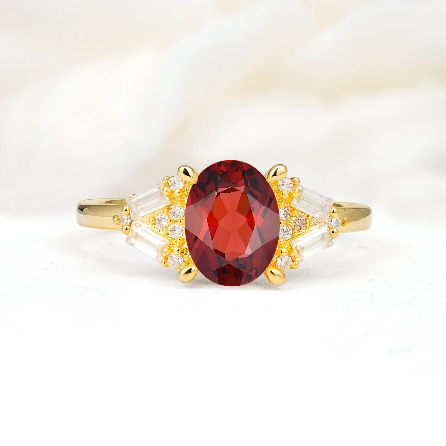 Classic Oval Cut Baguette Side Cluster Garnet Engagement Ring