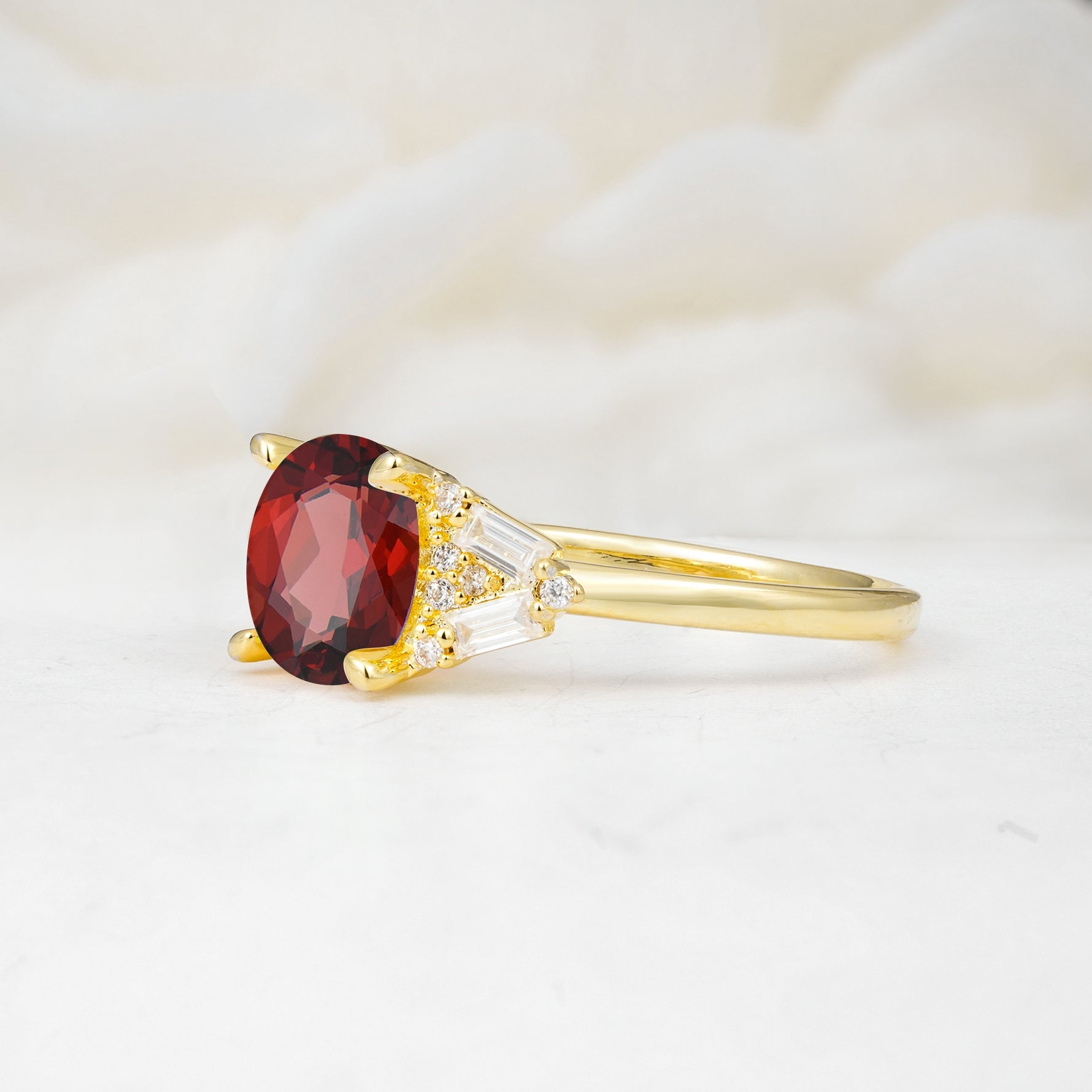 Classic Oval Cut Baguette Side Cluster Garnet Engagement Ring - Additional view