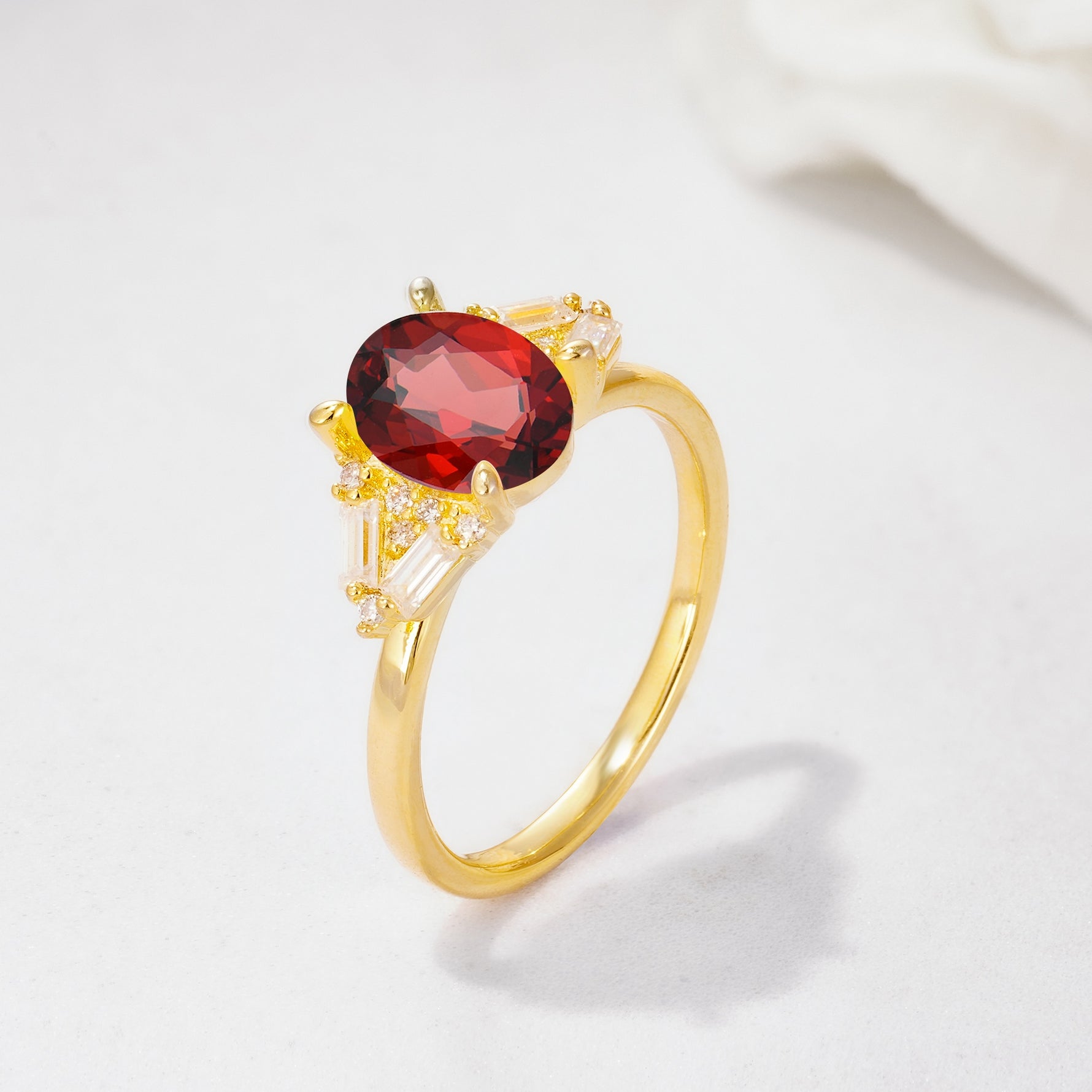 Classic Oval Cut Baguette Side Cluster Garnet Engagement Ring - Additional view
