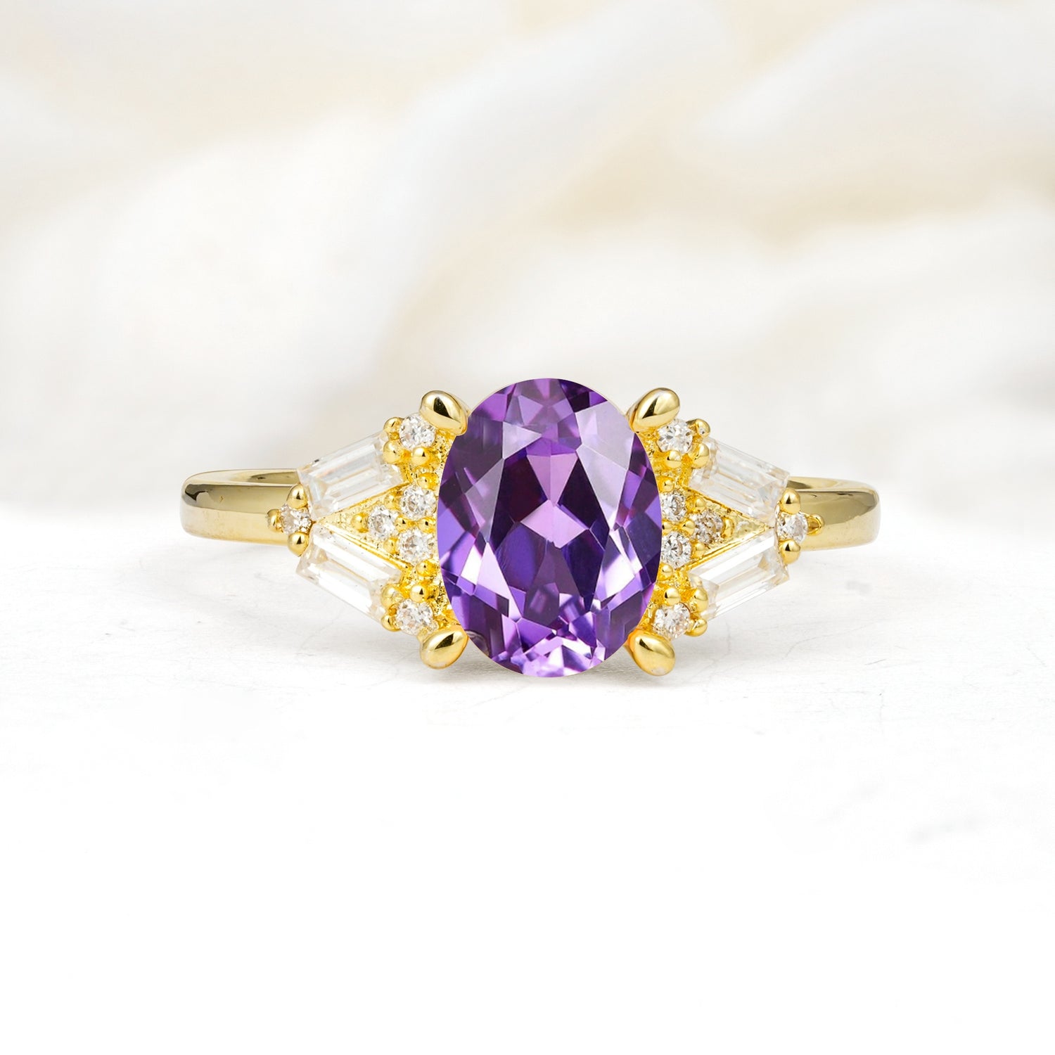 Classic Oval Cut Baguette Side Cluster Amethyst Engagement Ring - Additional view
