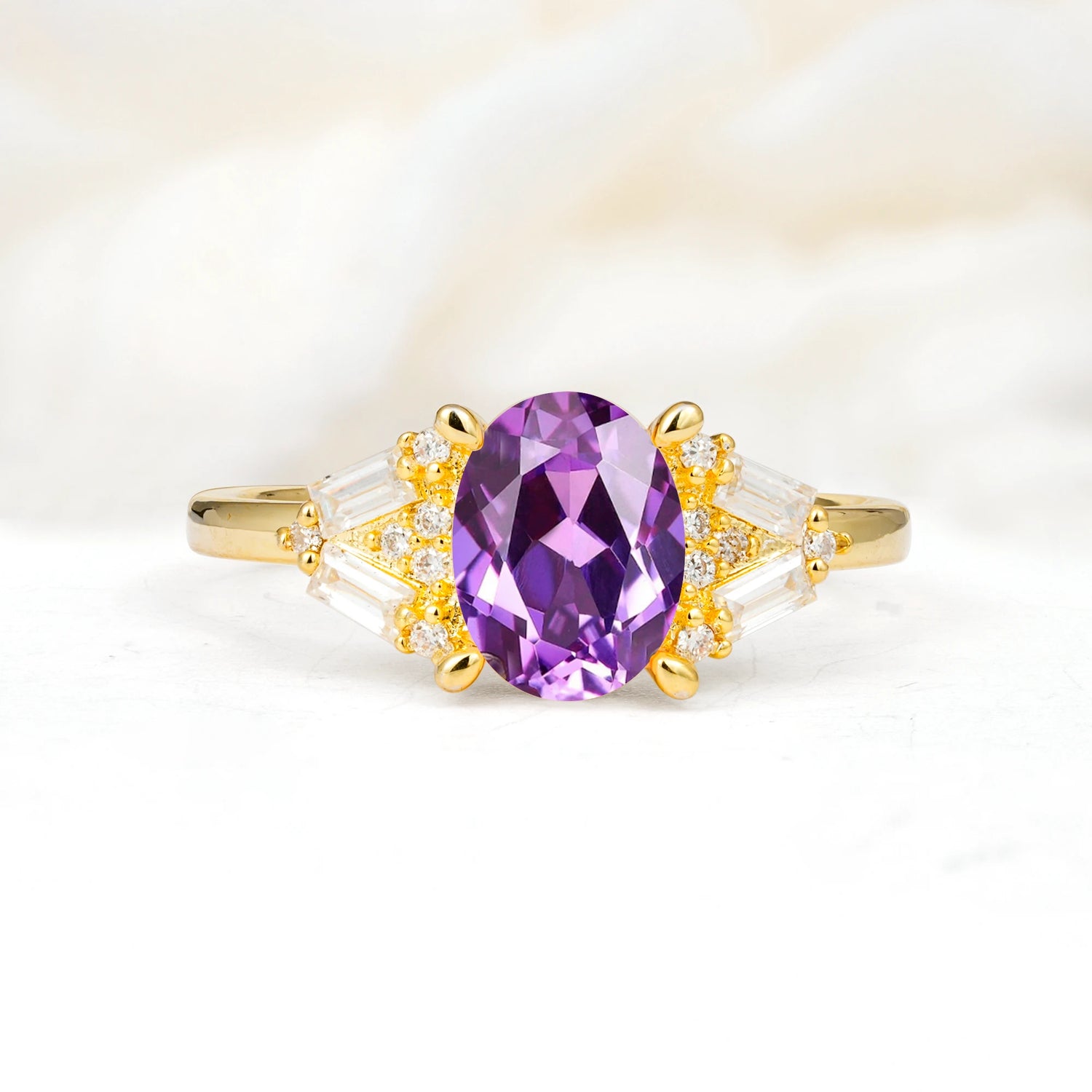 Classic Oval Cut Baguette Side Cluster Amethyst Engagement Ring