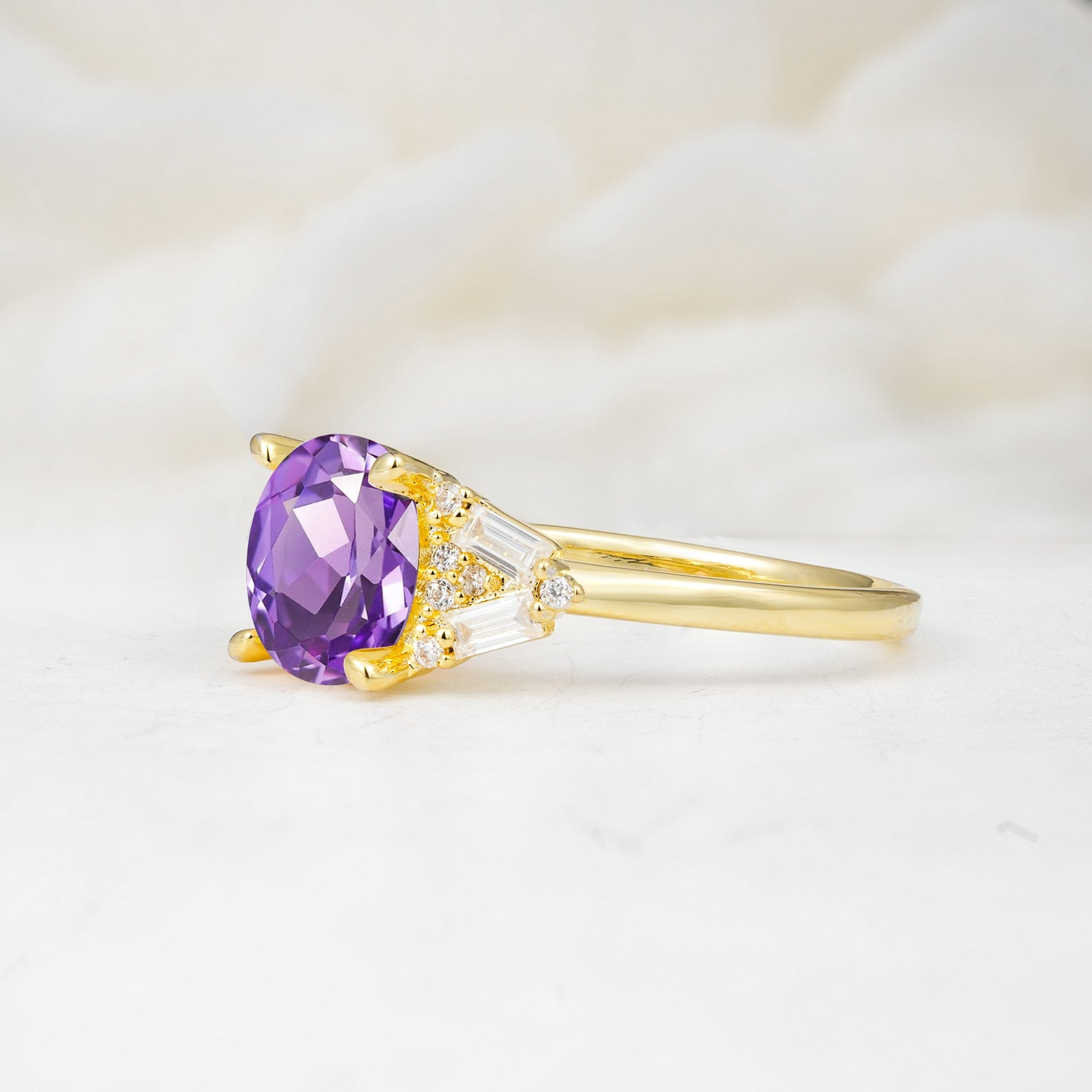 Classic Oval Cut Baguette Side Cluster Amethyst Engagement Ring - Additional view