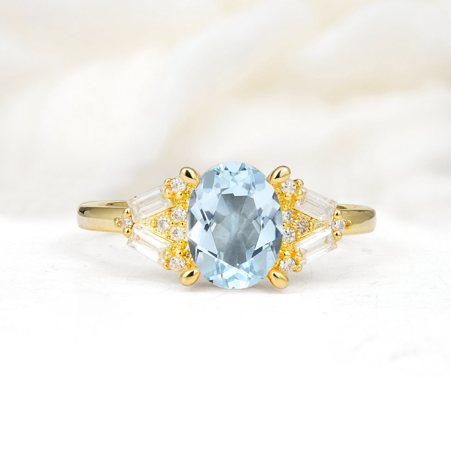 Classic Oval Cut Baguette Side Cluster Aquamarine Engagement Ring - Additional view