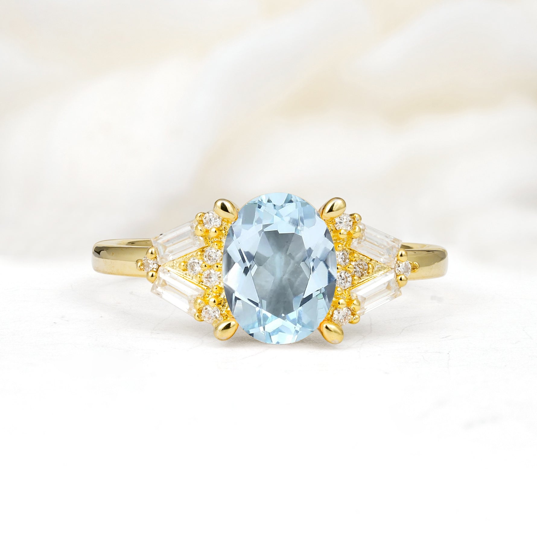 Classic Oval Cut Baguette Side Cluster Aquamarine Engagement Ring - Additional view
