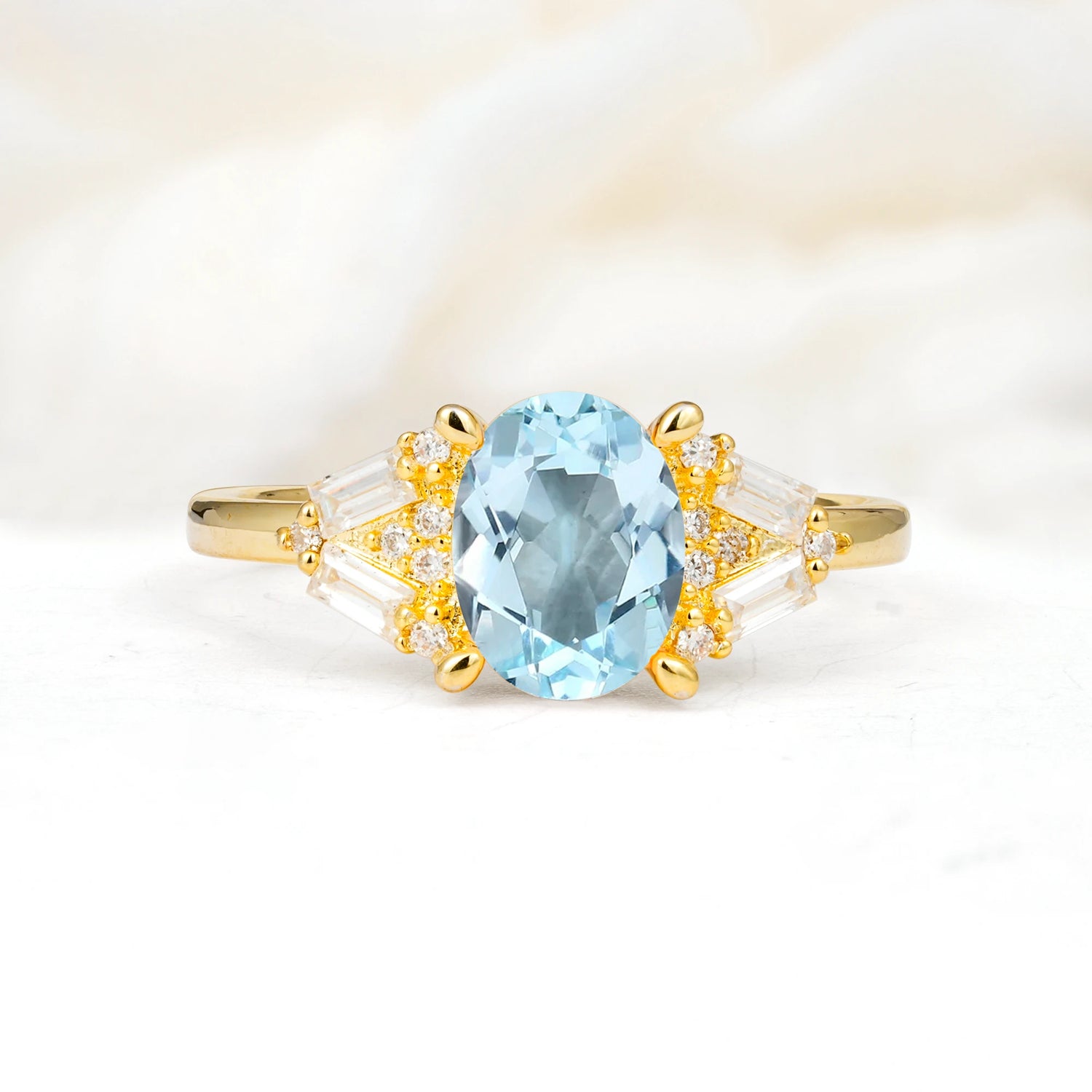 Classic Oval Cut Baguette Side Cluster Aquamarine Engagement Ring