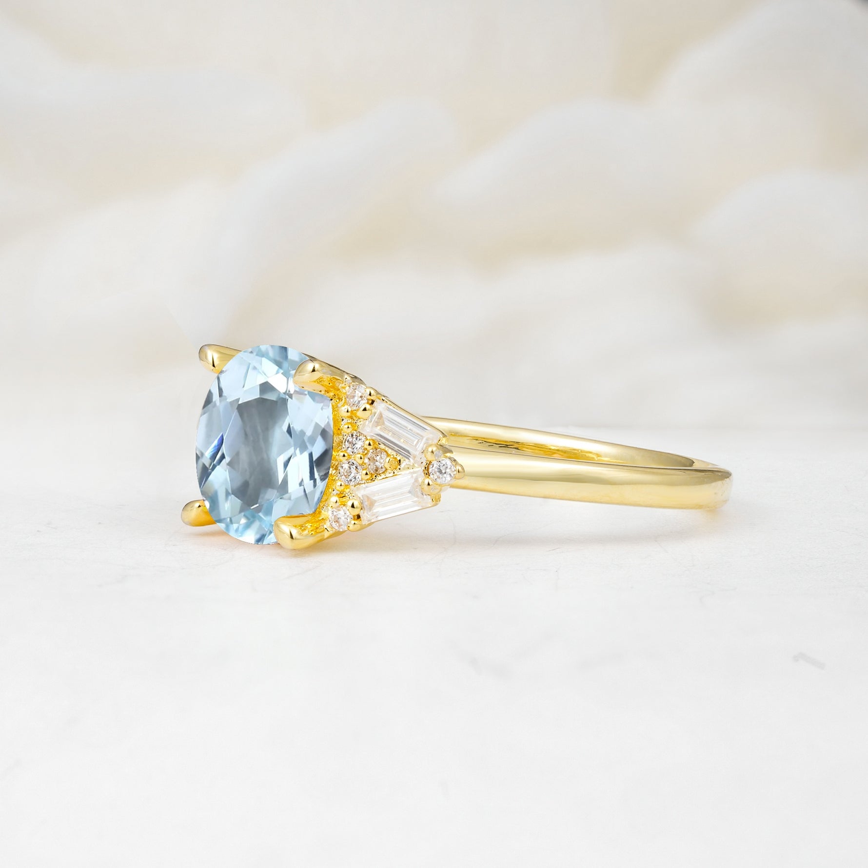 Classic Oval Cut Baguette Side Cluster Aquamarine Engagement Ring - Additional view