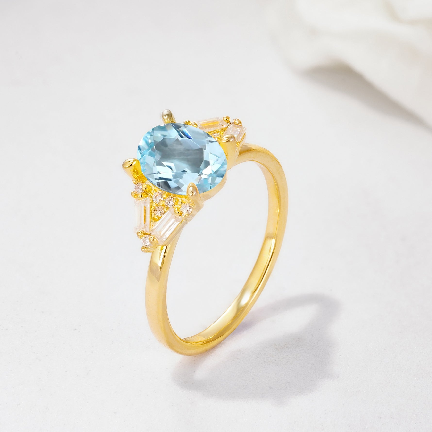 Classic Oval Cut Baguette Side Cluster Aquamarine Engagement Ring - Additional view