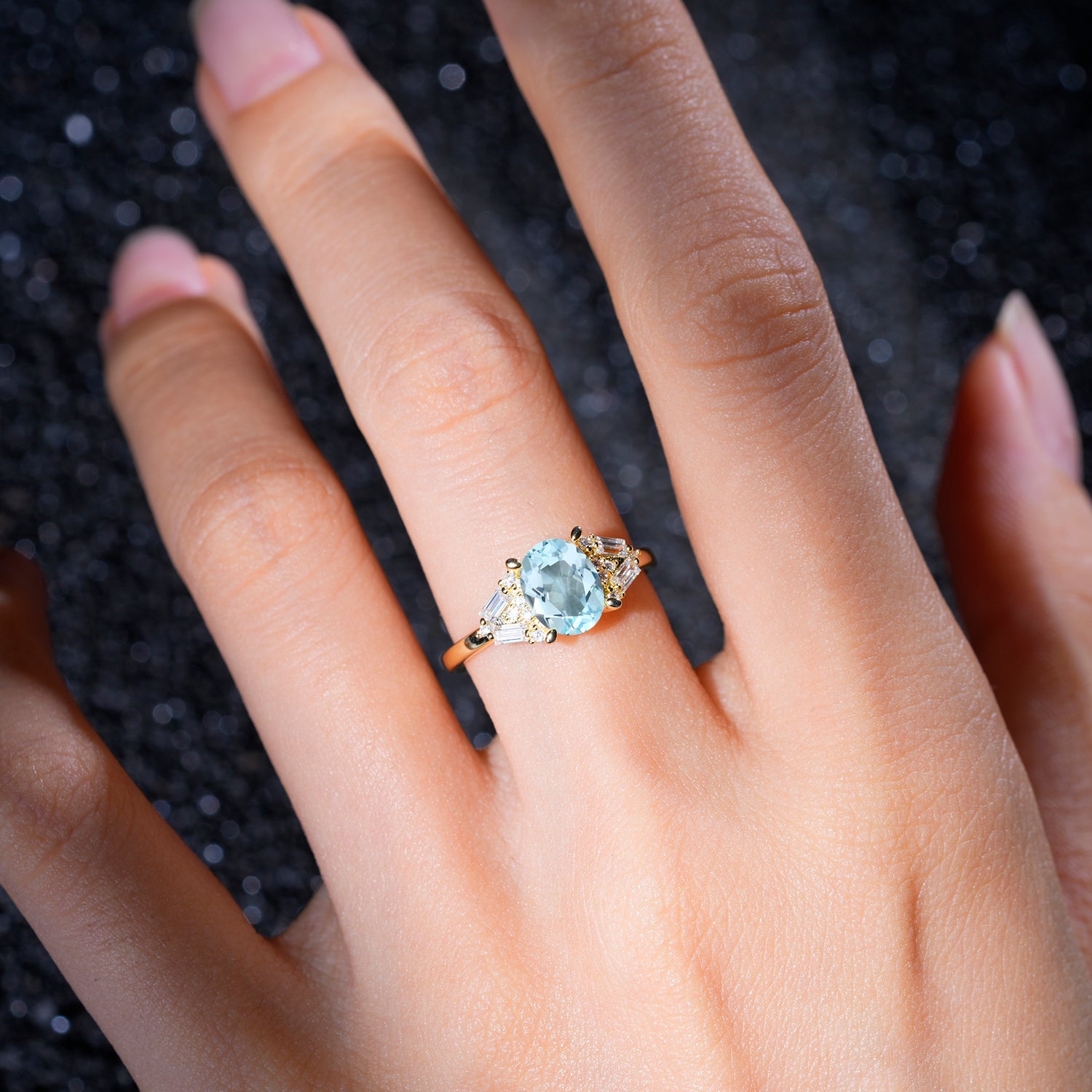 Classic Oval Cut Baguette Side Cluster Aquamarine Engagement Ring