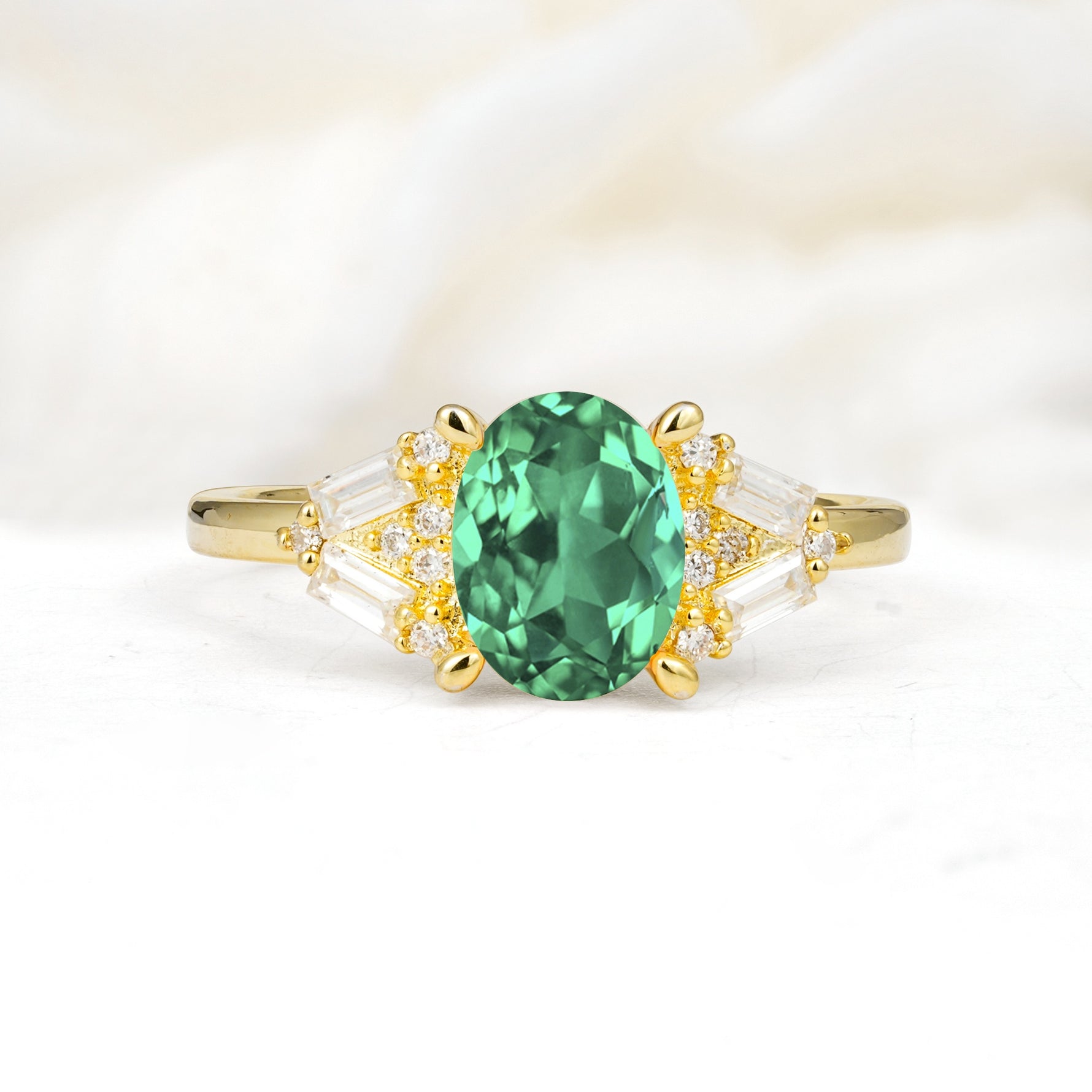 Classic Oval Cut Baguette Side Cluster Emerald Engagement Ring - Additional view