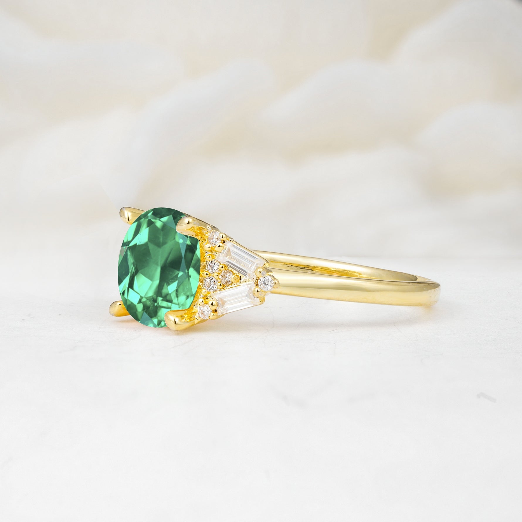 Classic Oval Cut Baguette Side Cluster Emerald Engagement Ring - Additional view
