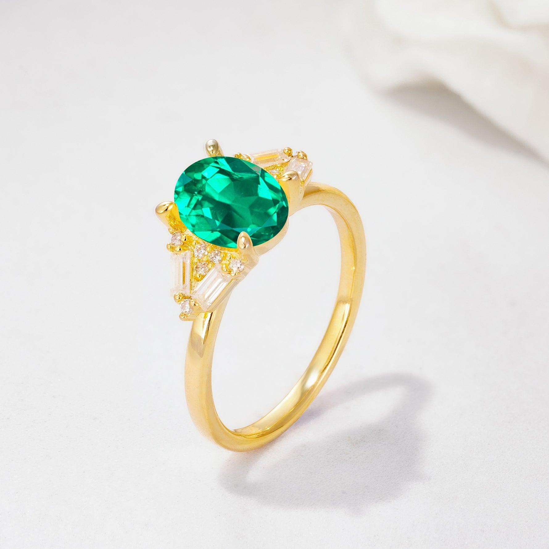 Classic Oval Cut Baguette Side Cluster Emerald Engagement Ring - Additional view