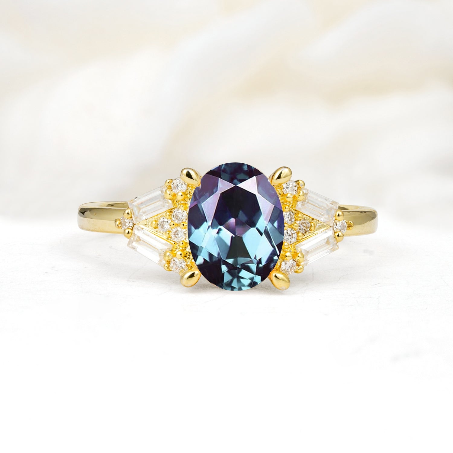 Classic Oval Cut Baguette Side Cluster Alexandrite Engagement Ring - Additional view