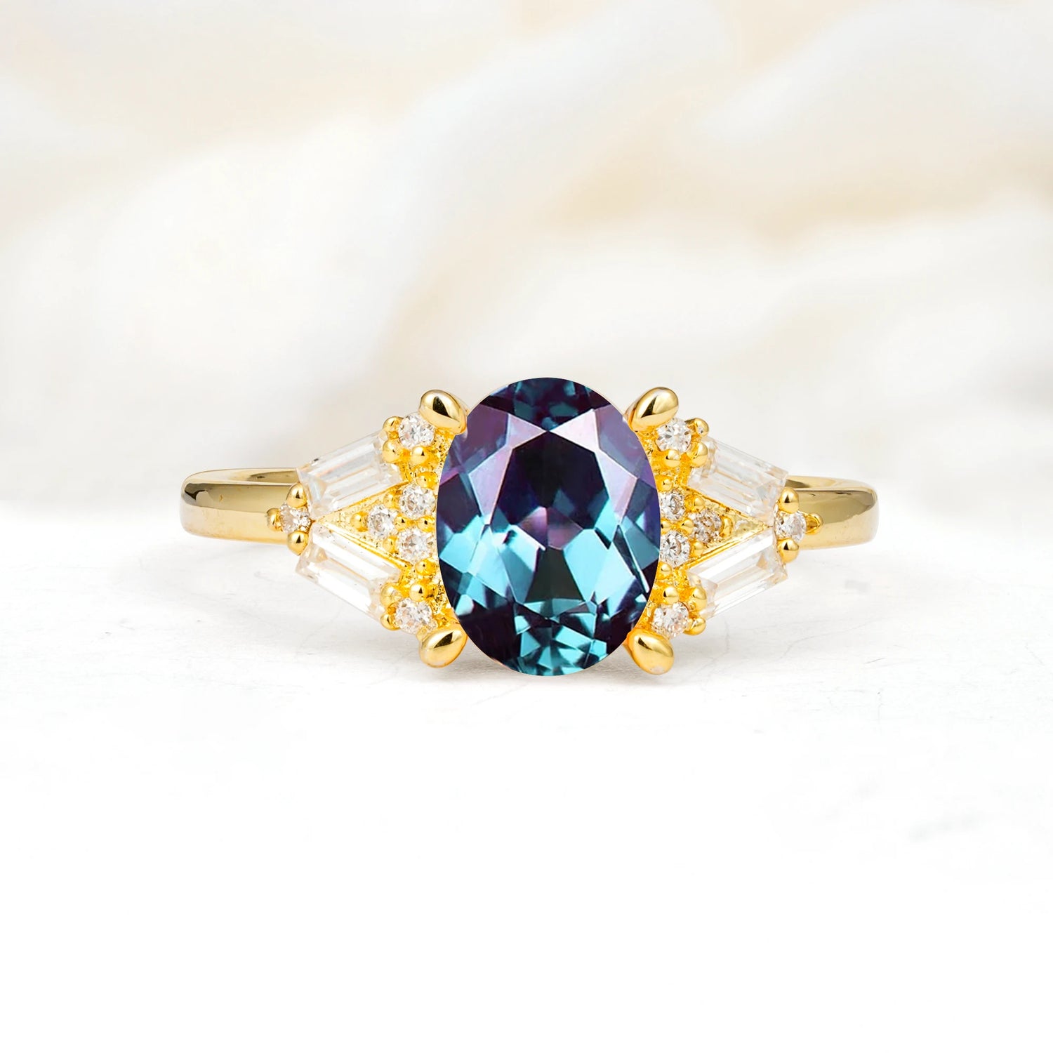 Classic Oval Cut Baguette Side Cluster Alexandrite Engagement Ring