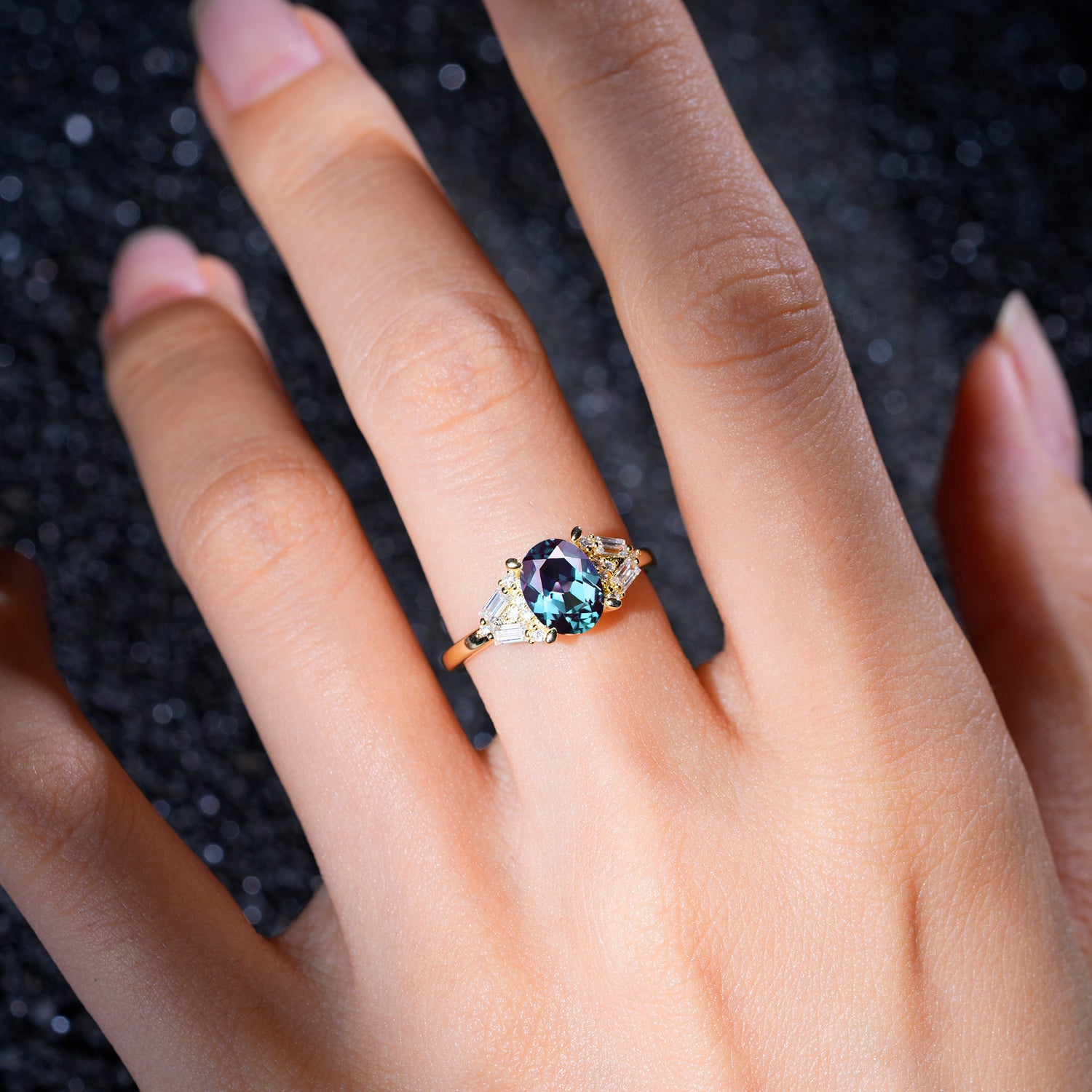 Classic Oval Cut Baguette Side Cluster Alexandrite Engagement Ring