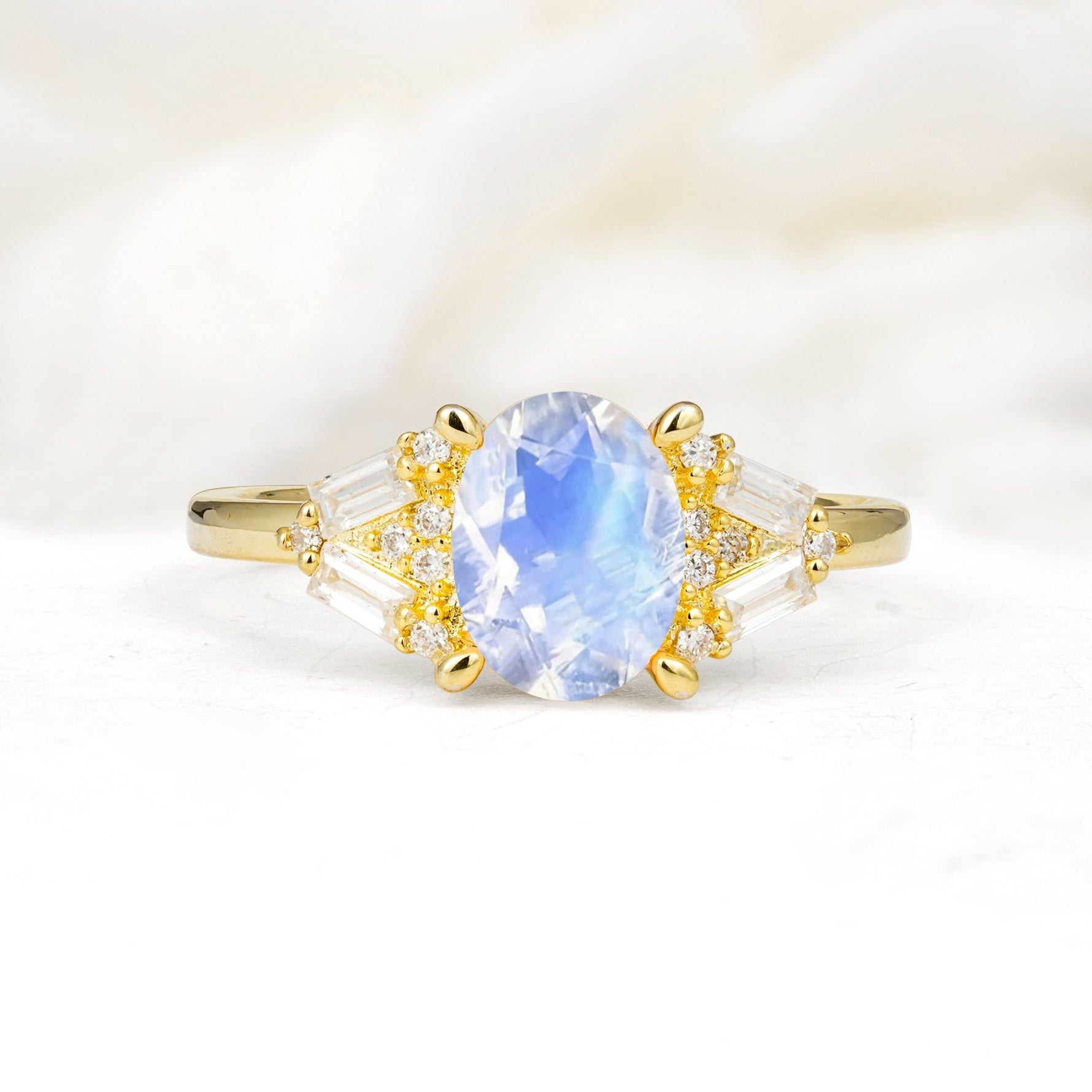 Classic Oval Cut Baguette Side Cluster Moonstone Engagement Ring - Additional view