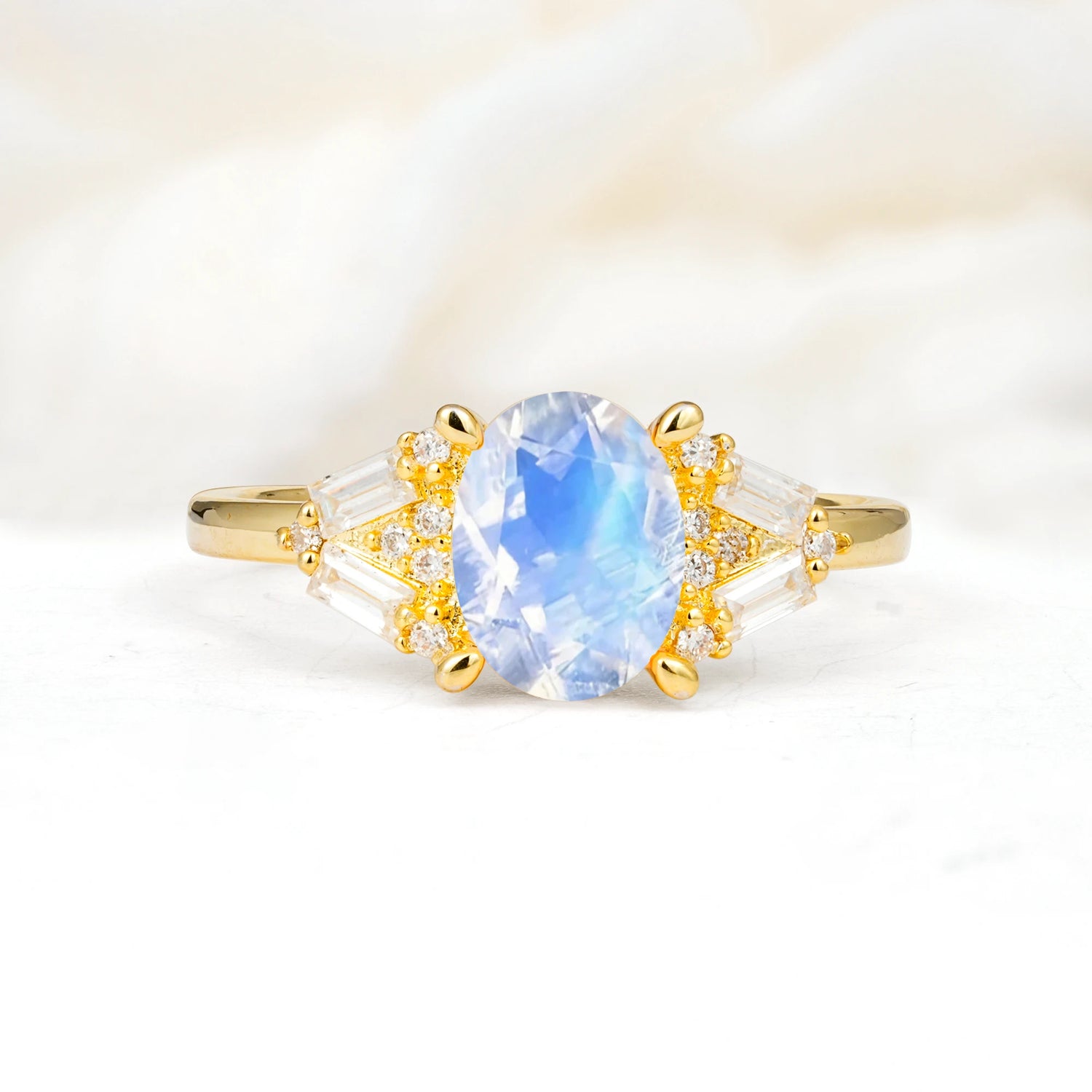 Classic Oval Cut Baguette Side Cluster Moonstone Engagement Ring