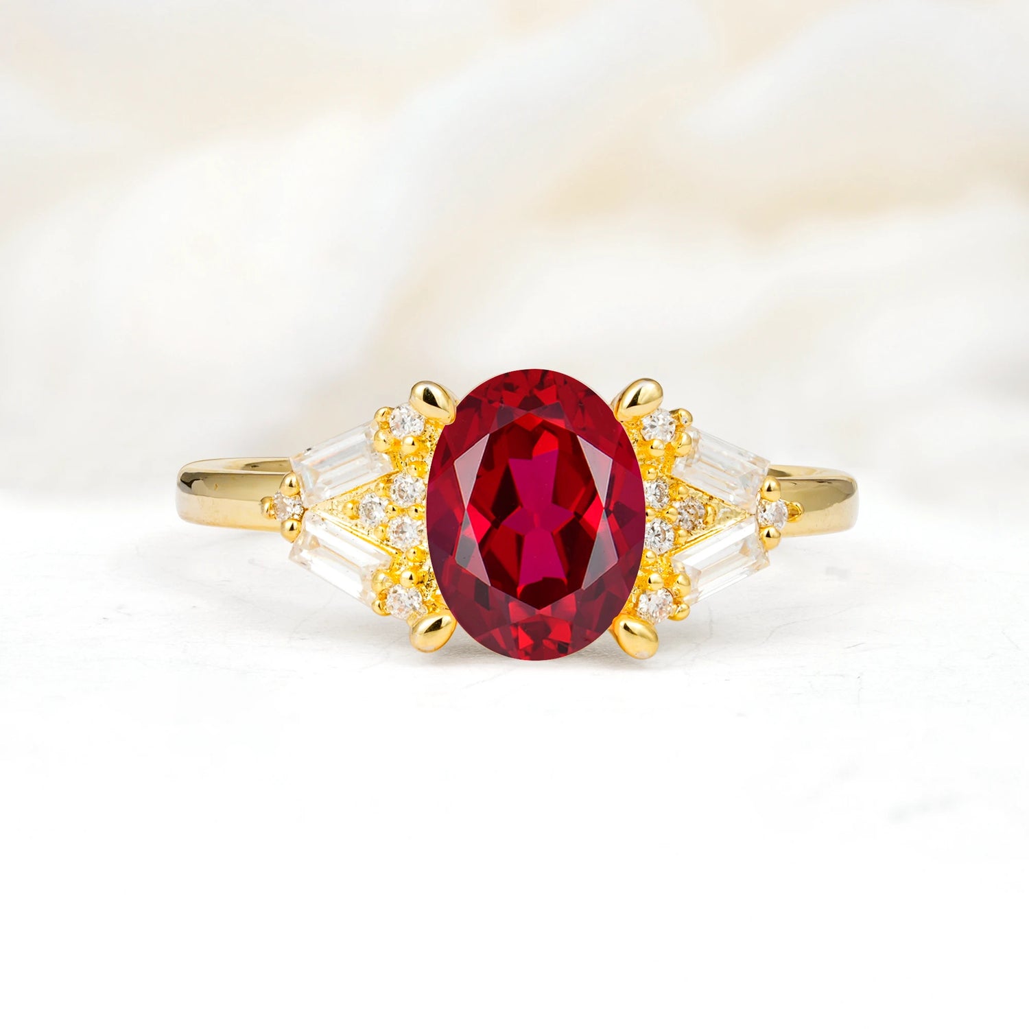 Classic Oval Cut Baguette Side Cluster Ruby Engagement Ring