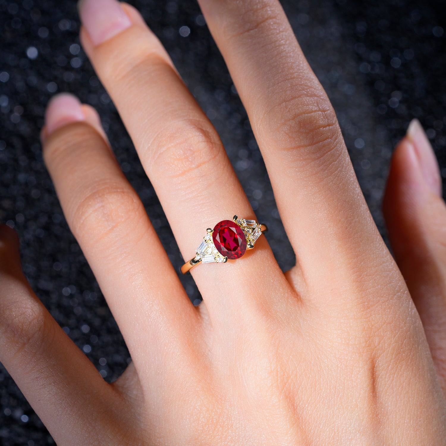 Classic Oval Cut Baguette Side Cluster Ruby Engagement Ring